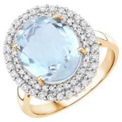 Natural Aquamarine & Diamond Halo Ring 4.50 Carats 14k Yellow Gold