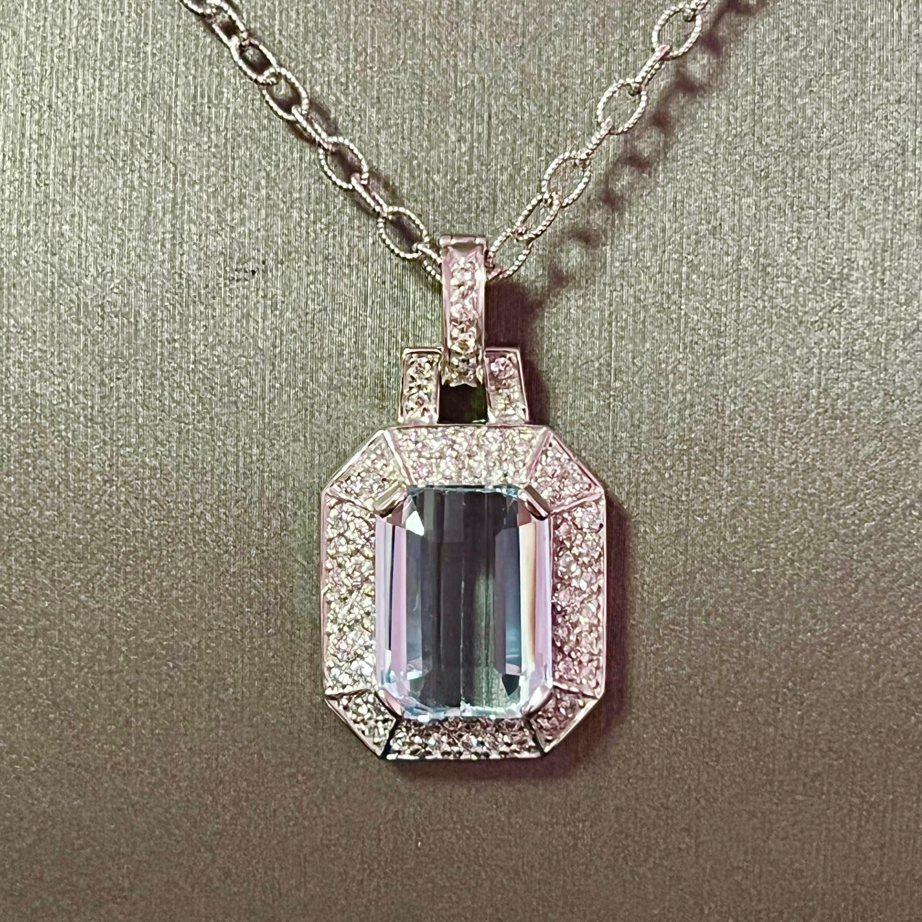 Emerald Cut Natural Aquamarine Diamond Necklace 14k Gold 10.45 TCW Certified For Sale