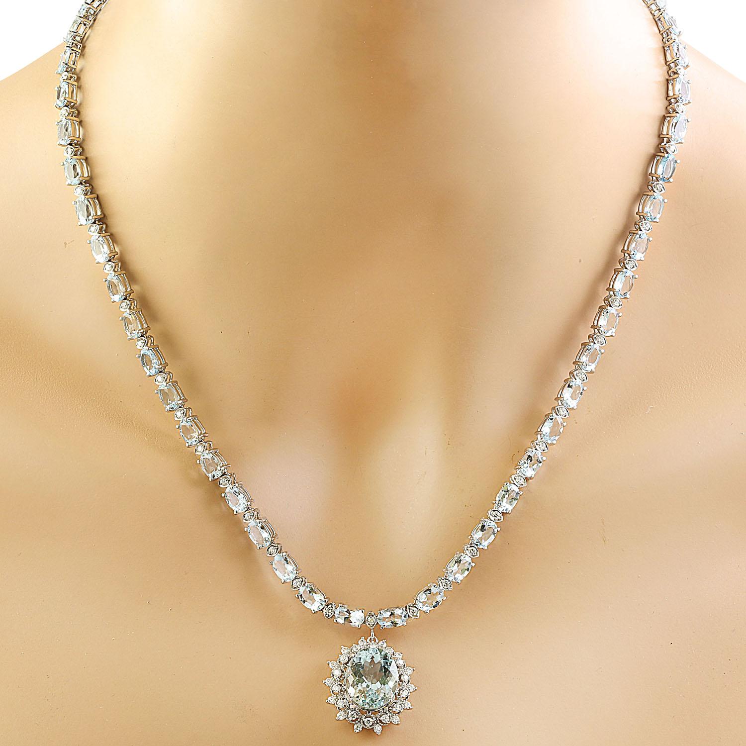 32.04 Carat Natural Aquamarine 14 Karat Solid White Gold Diamond Necklace
Stamped: 14K
Total Necklace Weight: 26.3 Grams
Necklace Length: 18 Inches
Center Aquamarine Weight: 6.29 Carat (13.00x11.00 Millimeters)
Side Aquamarine WeighT 24.00 Carat