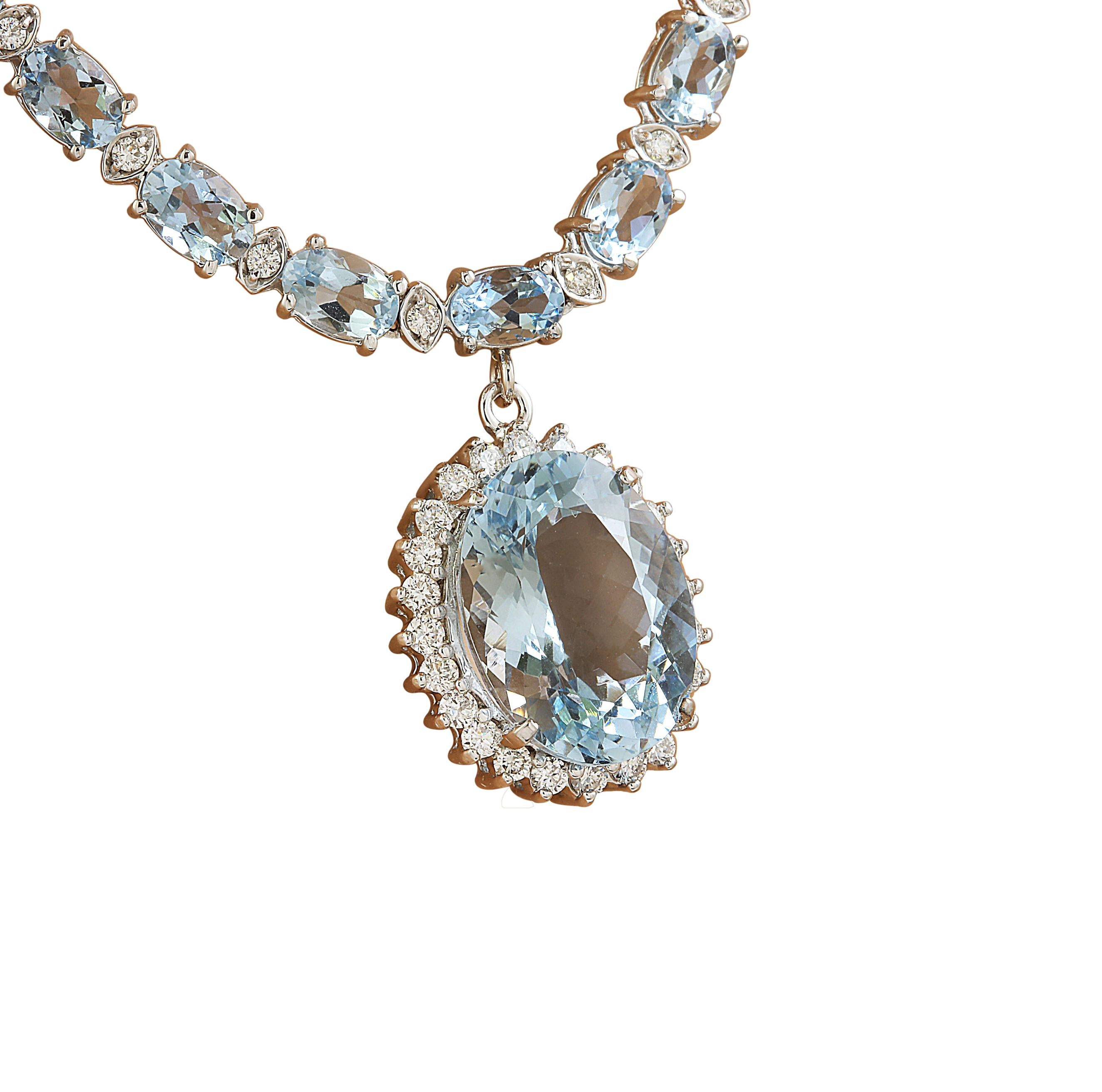 Oval Cut Natural Aquamarine Diamond Necklace in 14 Karat Solid White Gold  For Sale