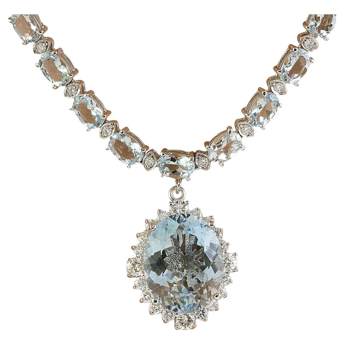 Natürliche Aquamarin-Diamant-Halskette aus 14 Karat massivem Weißgold 