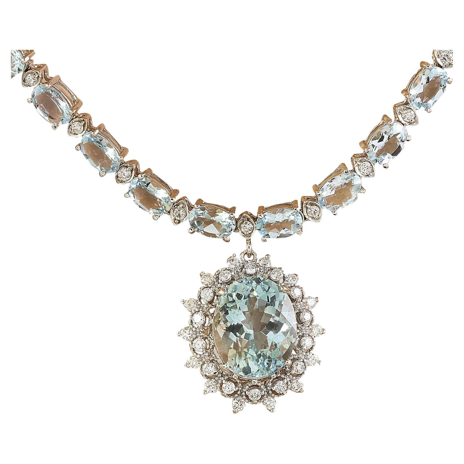 Natürliche Aquamarin-Diamant-Halskette aus 14 Karat massivem Weißgold 