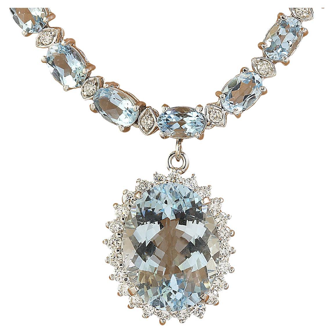 Natural Aquamarine Diamond Necklace in 14 Karat Solid White Gold  For Sale