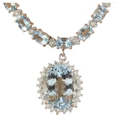 Natural Aquamarine Diamond Necklace in 14 Karat Solid White Gold 
