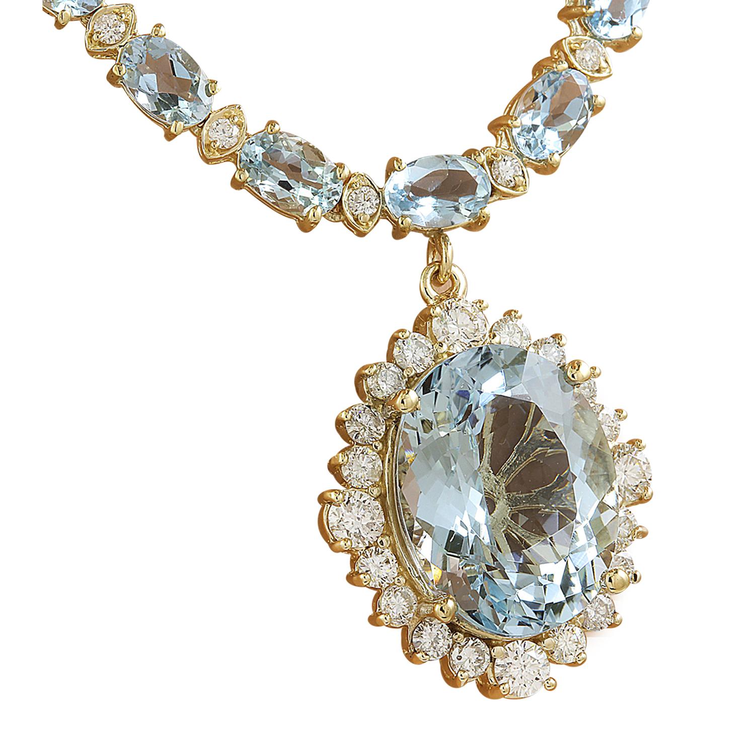 41.26 Carat Natural Aquamarine 14 Karat Solid Yellow Gold Diamond Necklace
Stamped: 14K
Total Necklace Weight: 30.9 Grams
Necklace Length: 19 Inches
Center Aquamarine Weight: 10.66 Carat (16.00x2.00 Millimeters)
Side Aquamarine Weight 28.00 Carat