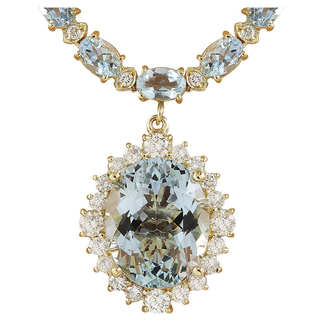 Natürliche Aquamarin-Diamant-Halskette aus 14 Karat massivem Gelbgold 