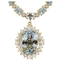 Natürliche Aquamarin-Diamant-Halskette aus 14 Karat massivem Gelbgold 