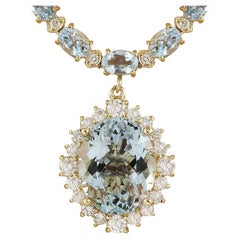 Natural Aquamarine Diamond Necklace in 14 Karat Solid Yellow Gold