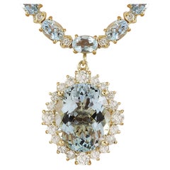 Natural Aquamarine Diamond Necklace in 14 Karat Solid Yellow Gold 