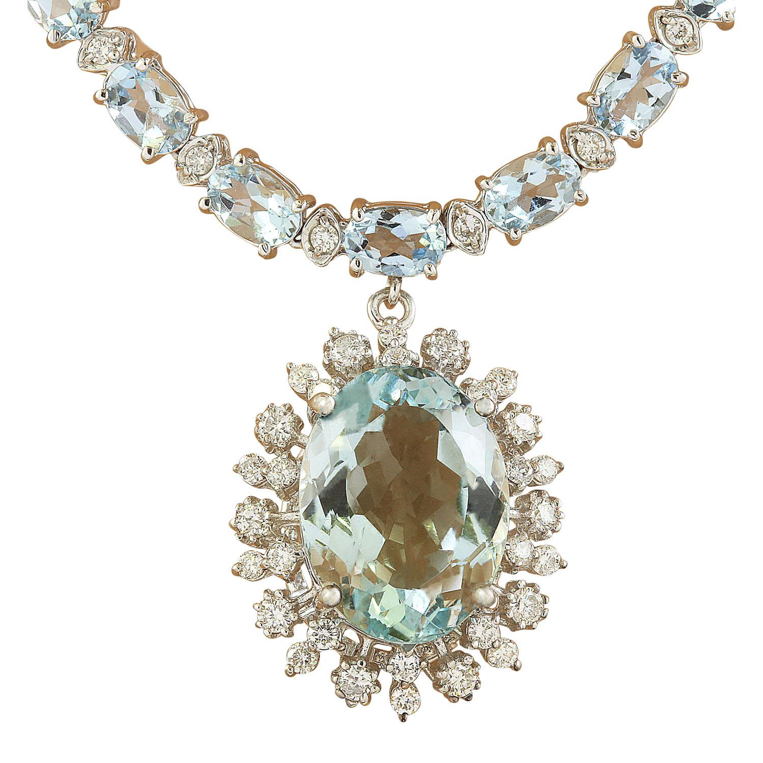 Natural Aquamarine Diamond Necklace In 14 Karat White Gold