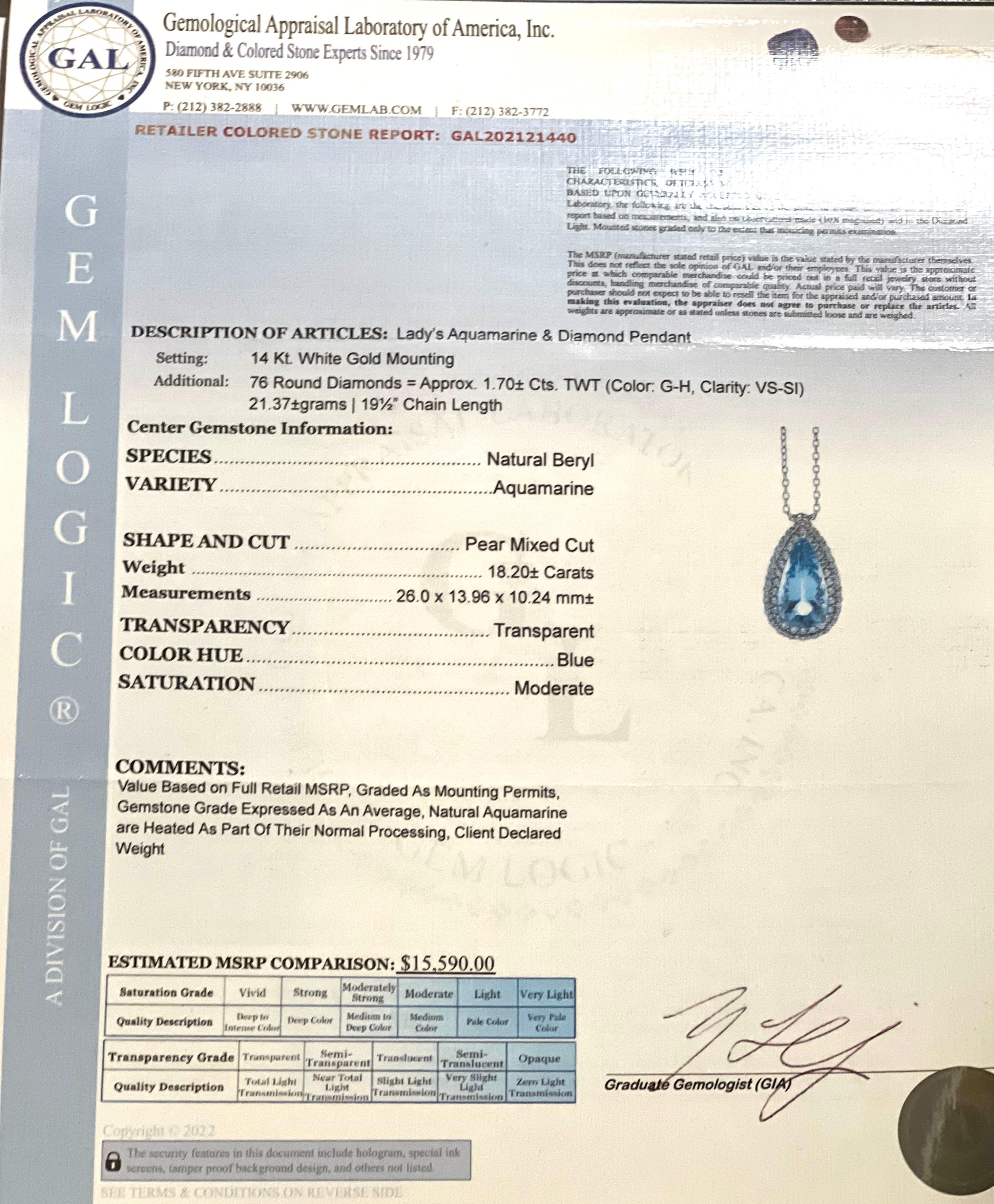 Natürlicher Aquamarin-Diamant-Anhänger Goldkette 19,9 TCW zertifiziert im Angebot 7