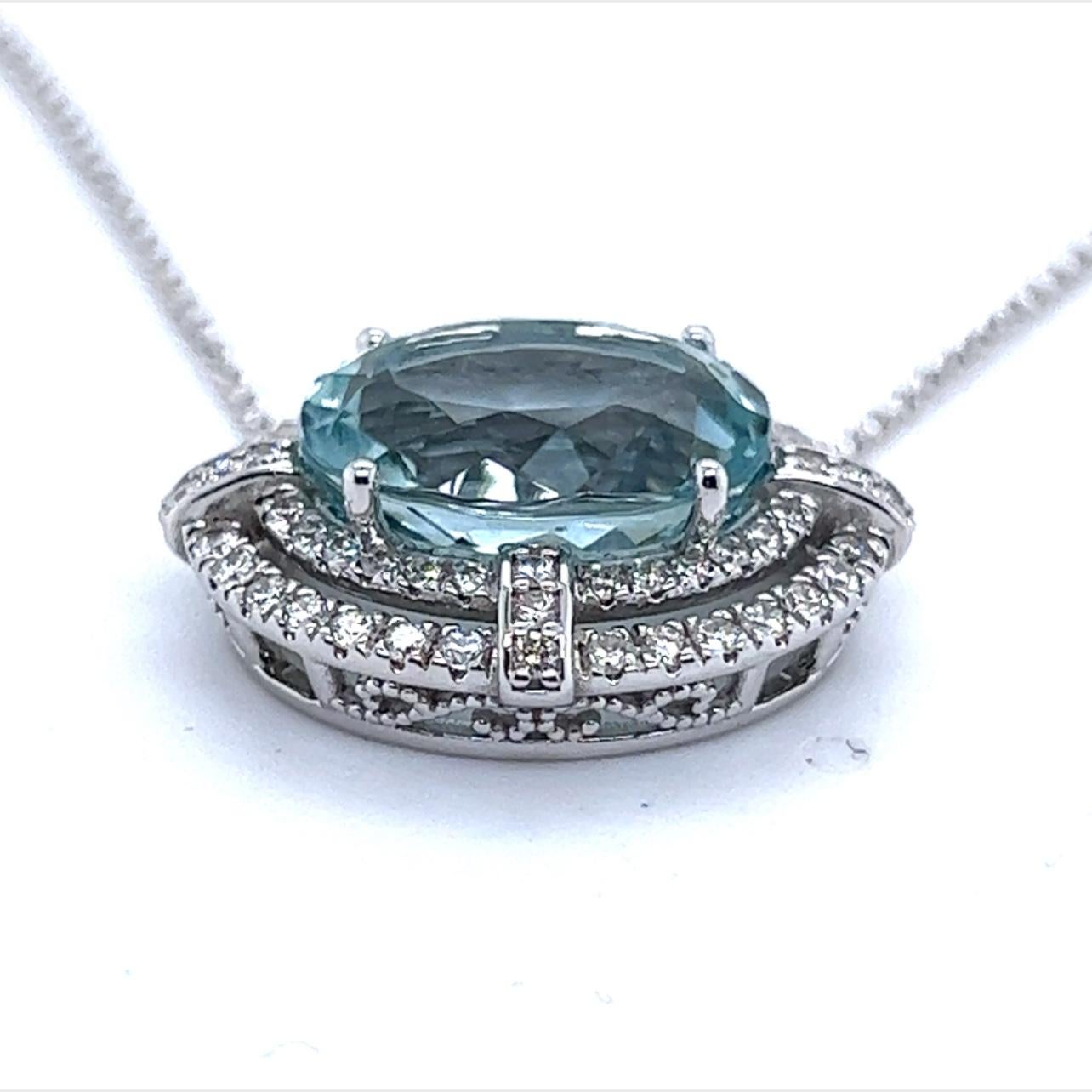 Oval Cut Natural Aquamarine Diamond Pendant With Chain 14k Gold 7.09 TCW Certified For Sale