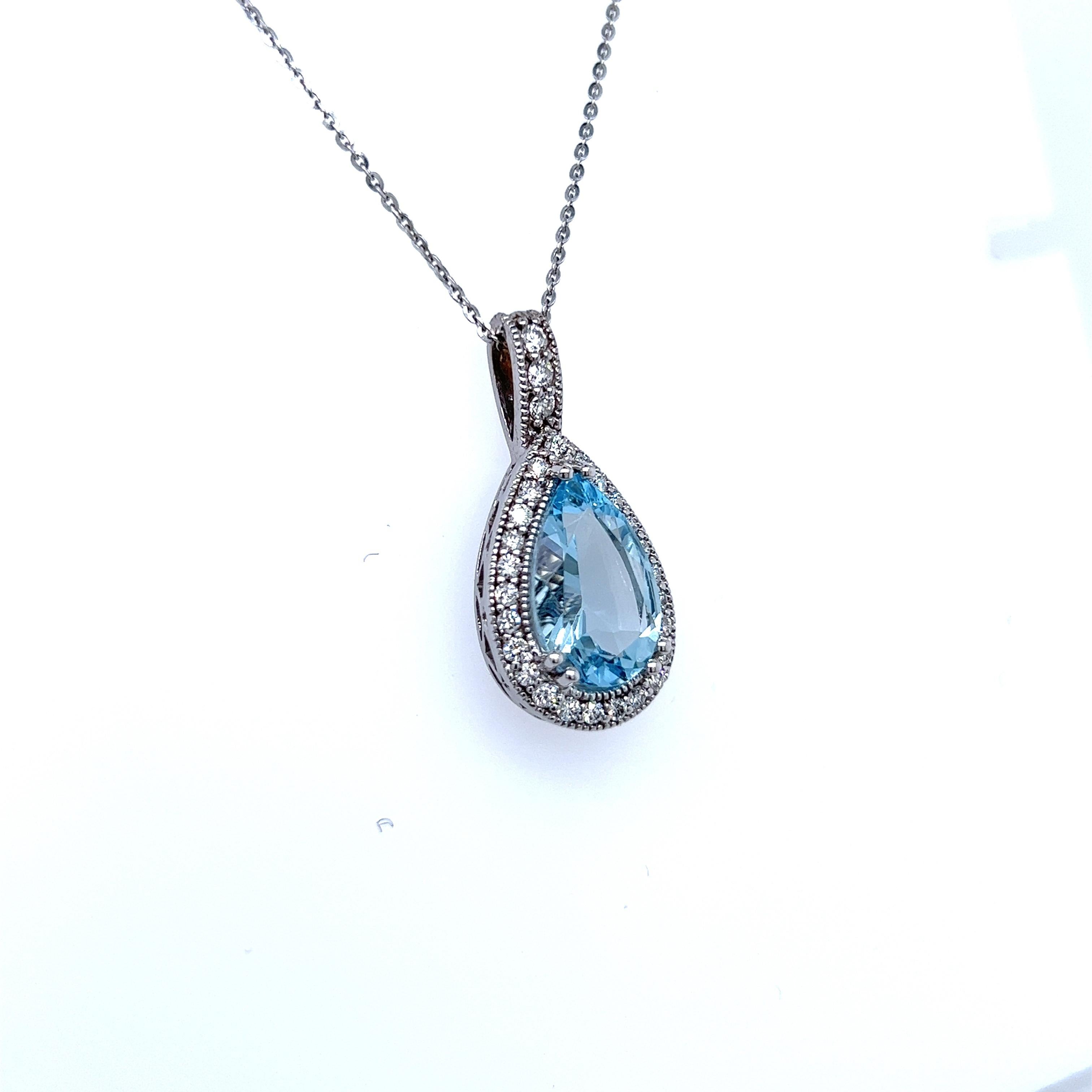 Mixed Cut Natural Aquamarine Diamond Pendant with Chain 14k W Gold 4.19 TCW Certified  For Sale