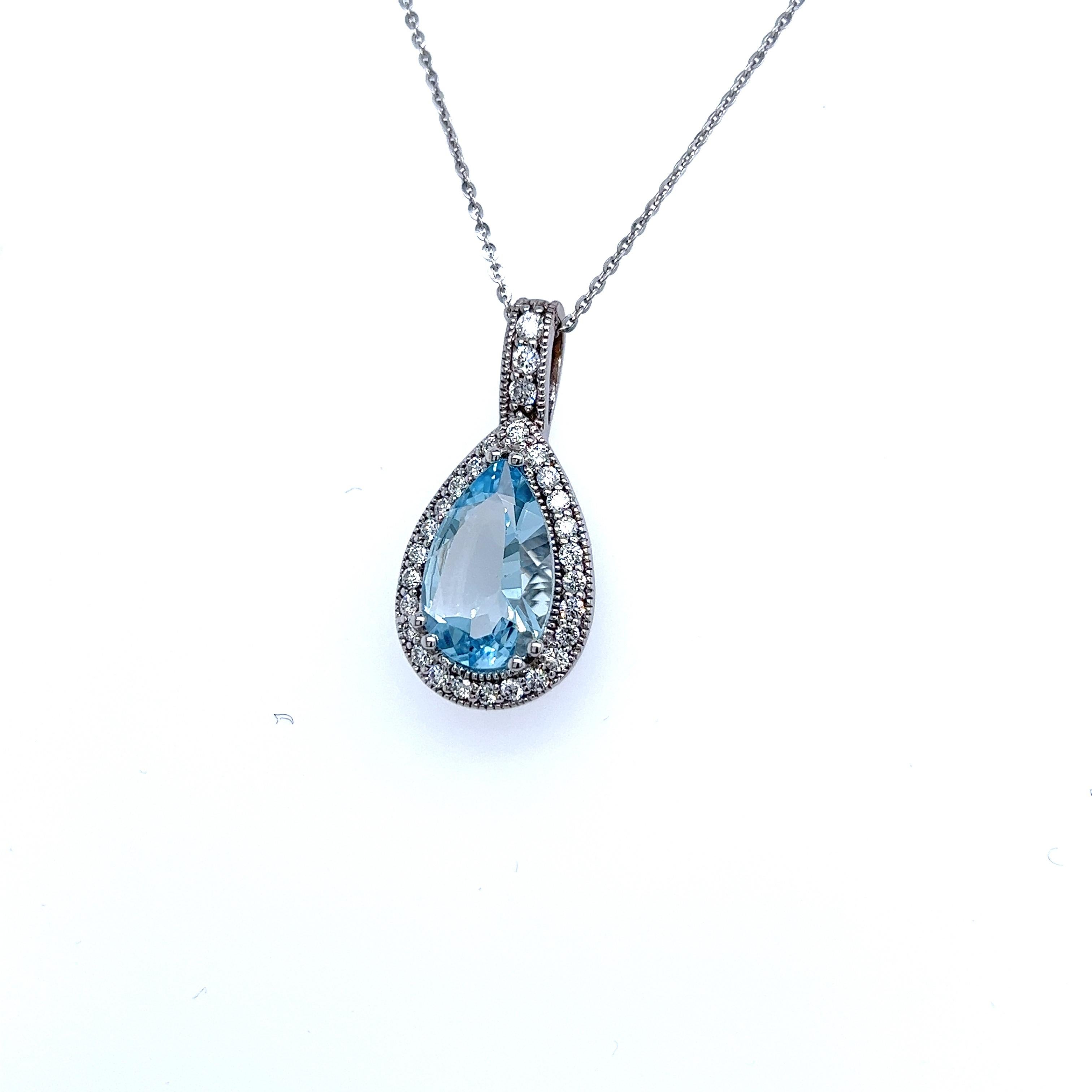 Natural Aquamarine Diamond Pendant with Chain 14k W Gold 4.19 TCW Certified  In New Condition For Sale In Brooklyn, NY