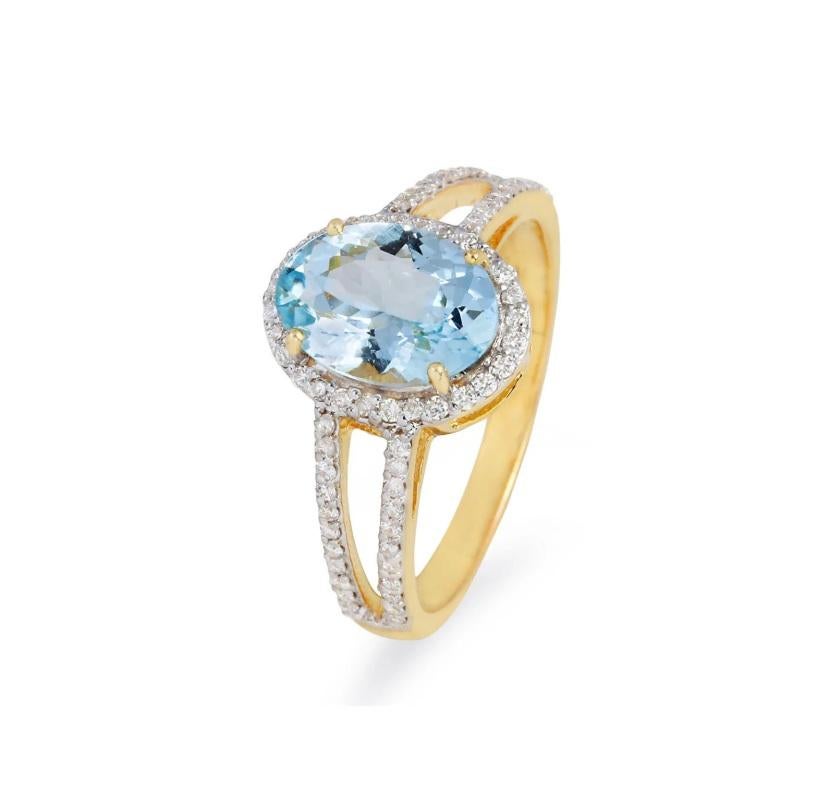Bague aigue-marine naturelle et diamant or 14K Neuf - En vente à jaipur, IN