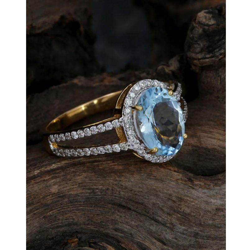 Bague aigue-marine naturelle et diamant or 14K en vente 1