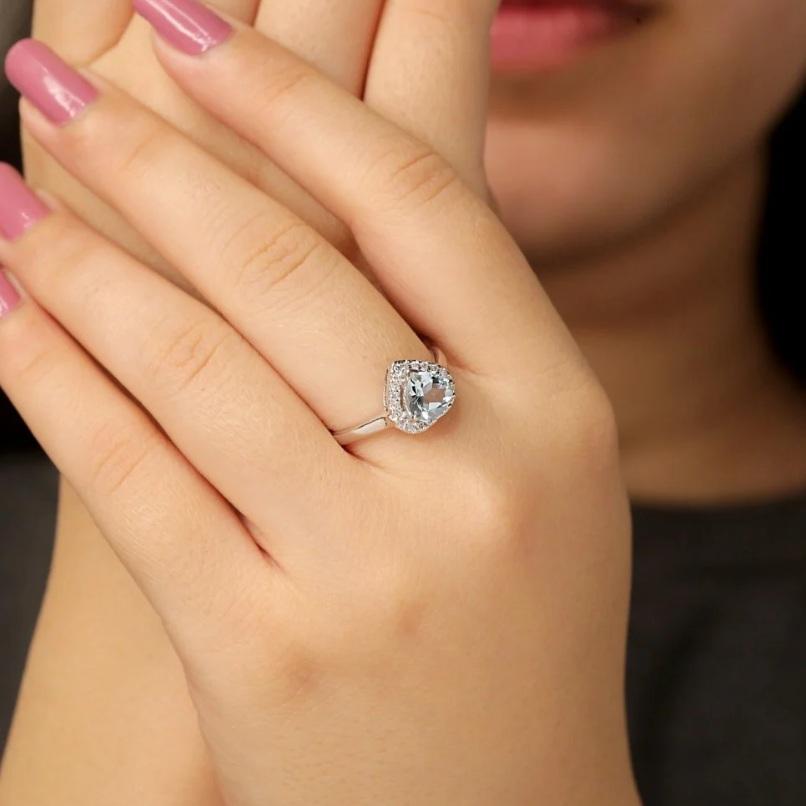 Taille Asscher Bague aigue-marine naturelle et diamant or 18K en vente