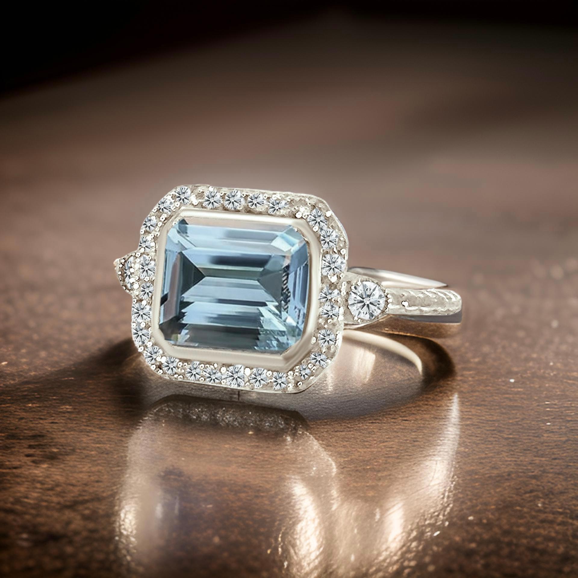 Natürlicher Aquamarin-Diamantring 6,5 14k Weißgold 3,05 TCW zertifiziert (Achteckschliff) im Angebot