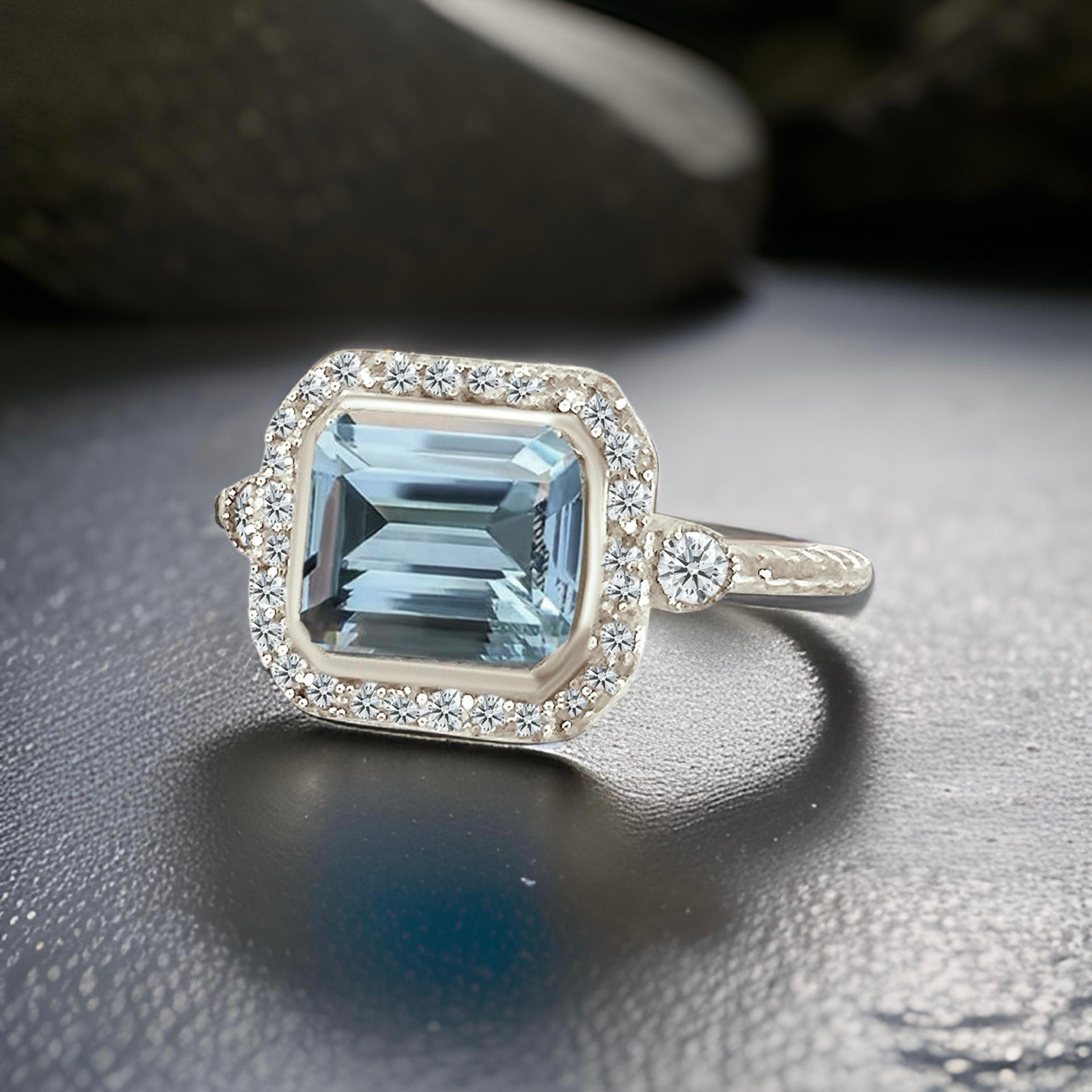 Natürlicher Aquamarin-Diamantring 6,5 14k Weißgold 3,05 TCW zertifiziert Damen im Angebot