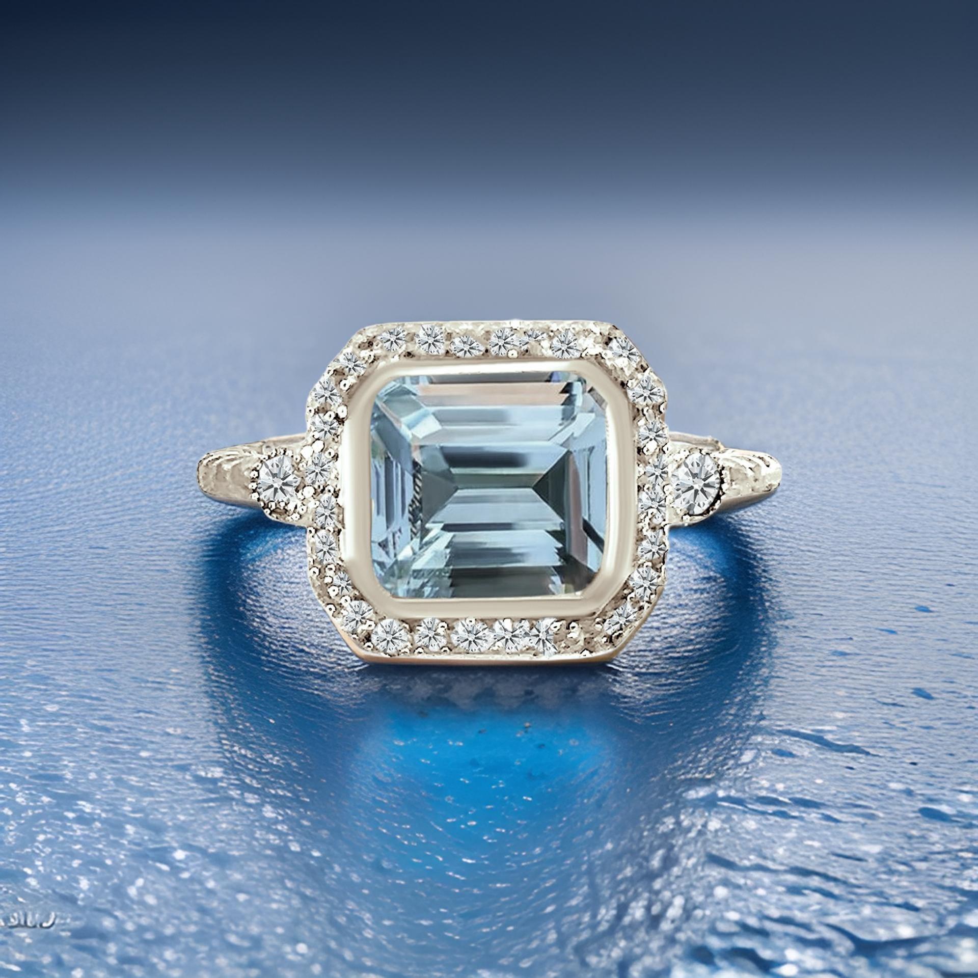 Natürlicher Aquamarin-Diamantring 6,5 14k Weißgold 3,05 TCW zertifiziert im Angebot 1