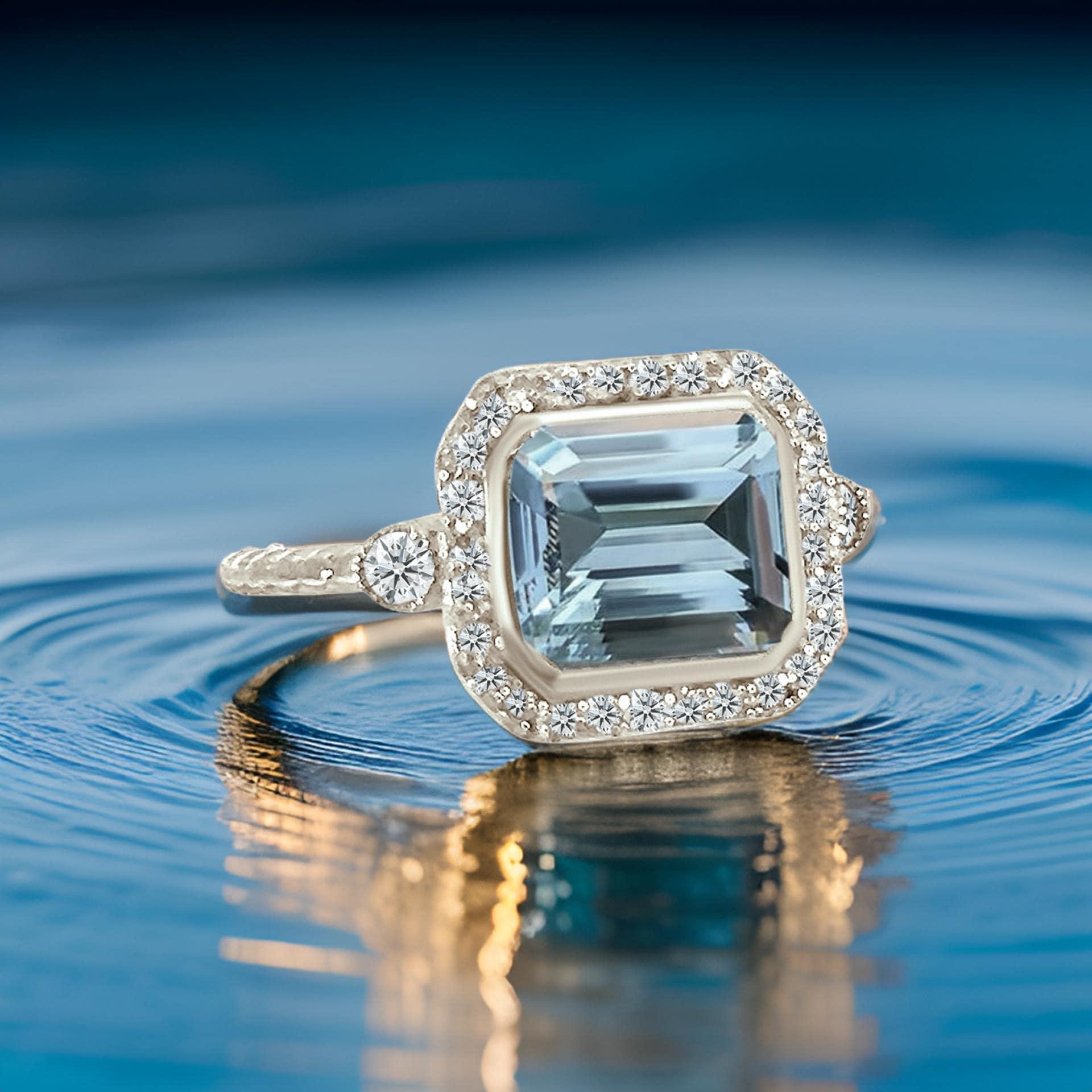 Natürlicher Aquamarin-Diamantring 6,5 14k Weißgold 3,05 TCW zertifiziert im Angebot 3
