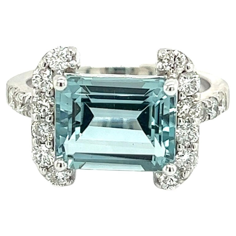 Natural Aquamarine Diamond Ring 6.5 14k white Gold 6.09 TCW Certified For Sale