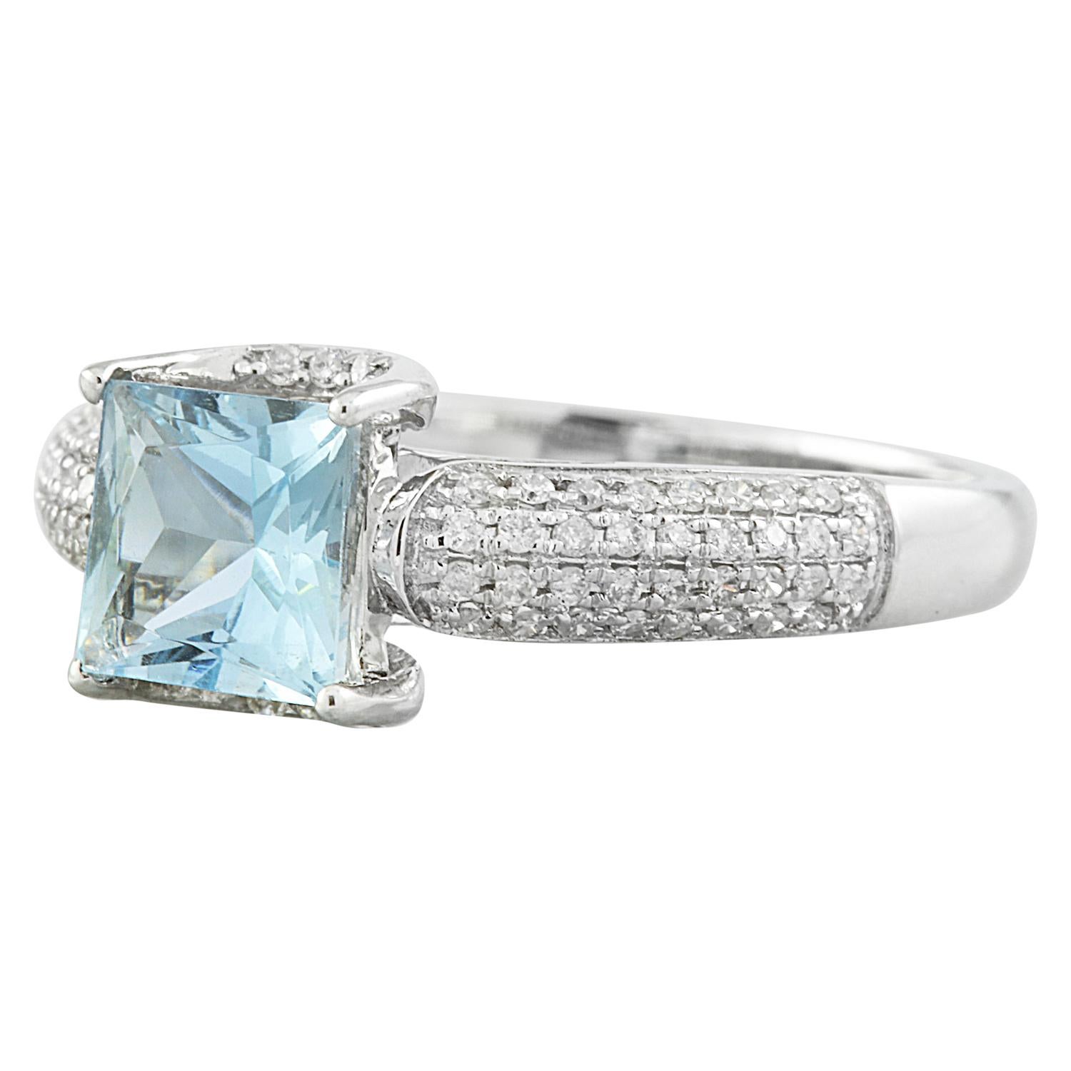 Introducing our exquisite 14K Solid White Gold Diamond Ring, featuring a stunning 1.65 Carat Natural Aquamarine. This elegant piece is stamped with the hallmark of authenticity, ensuring its quality craftsmanship. Weighing a total of 2.7 grams, this