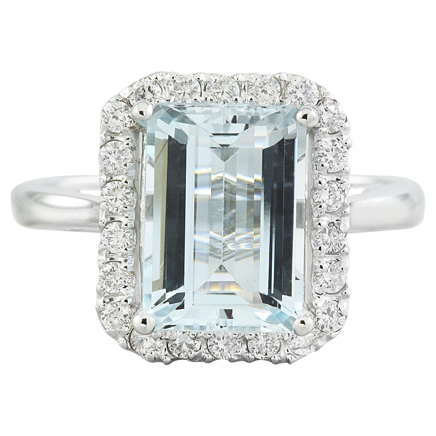 Natural Aquamarine Diamond Ring: Exquisite Beauty in 14K Solid White Gold For Sale