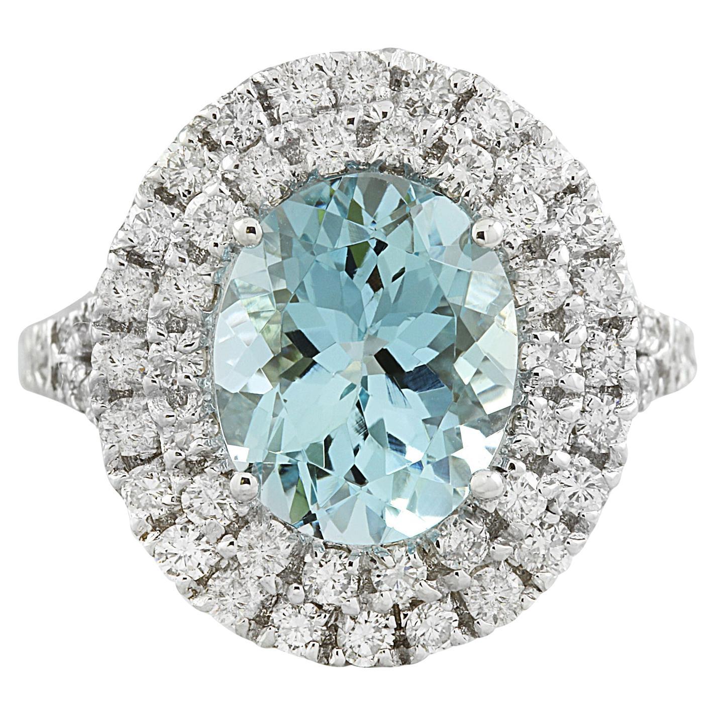 Natural Aquamarine Diamond Ring: Exquisite Beauty in 14K Solid White Gold For Sale