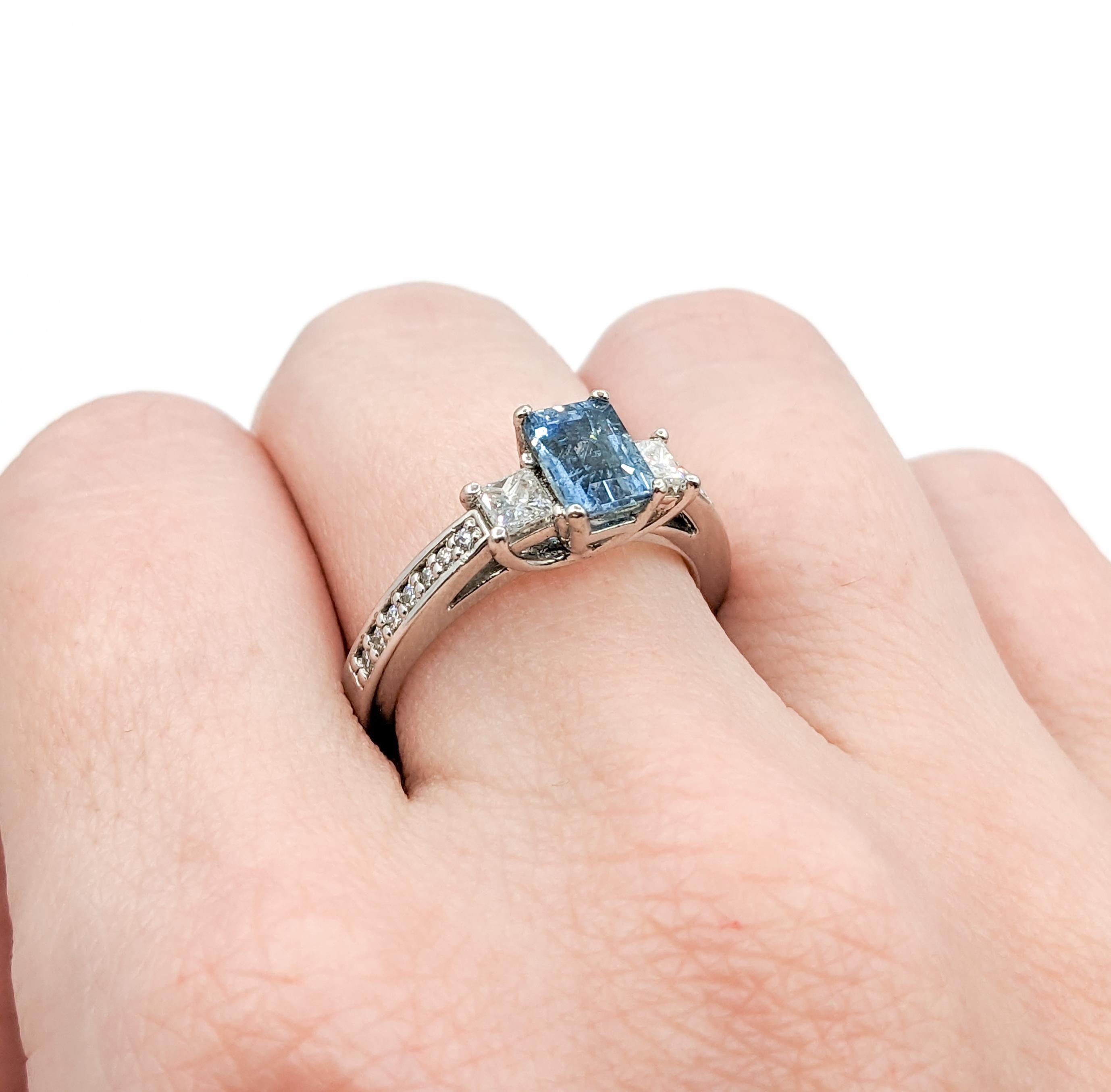 Emerald Cut Natural Aquamarine & Diamond Ring For Sale