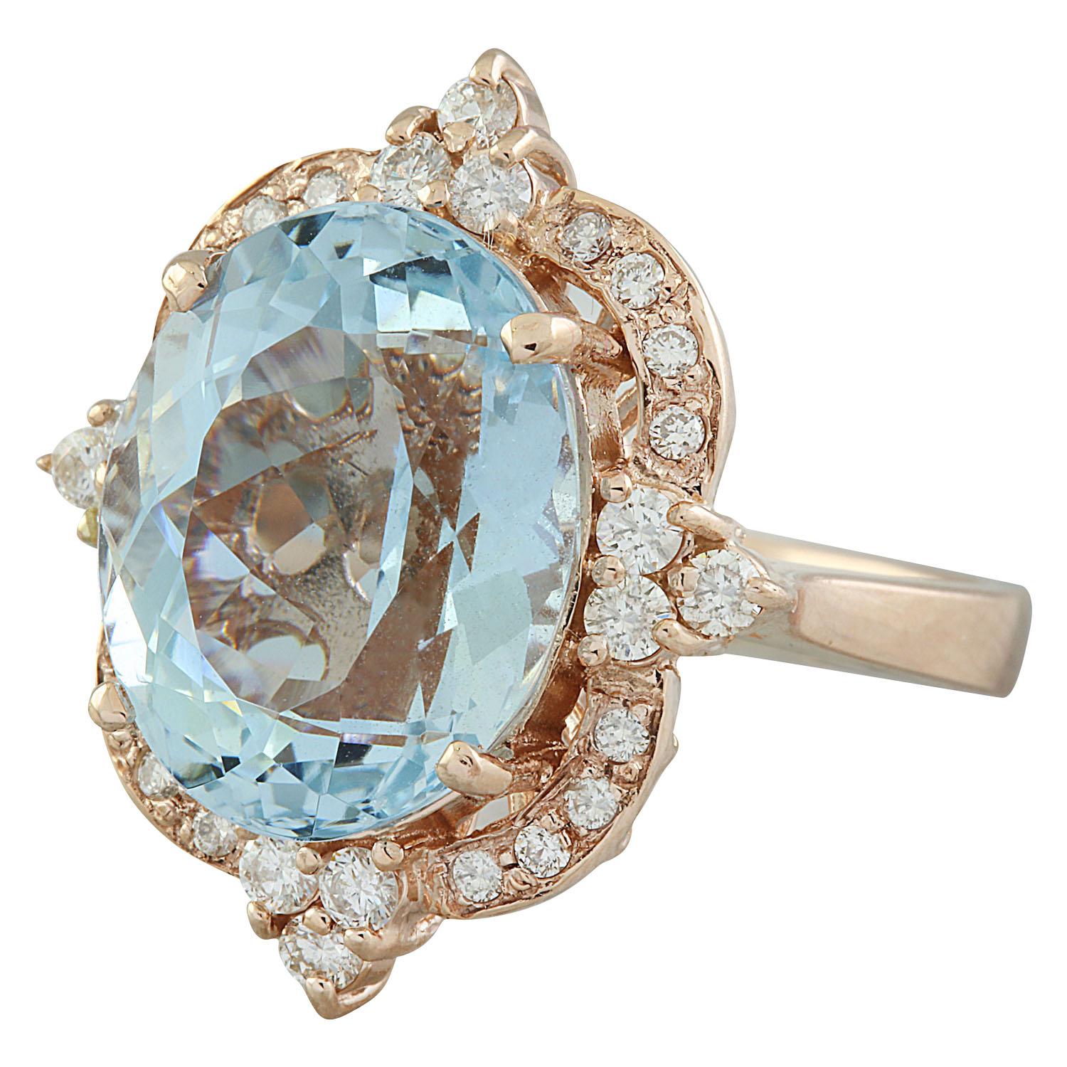 8.25 Carat Natural Aaqumarine 14 Karat Solid Rose Gold Diamond Ring
Stamped: 14K 
Total Ring Weight: 8.8 Grams 
Aquamarine Weight 7.60 Carat (15.00x12.00 Millimeters)
Diamond Weight: 0.65 carat (F-G Color, VS2-SI1 Clarity )
Face Measures: