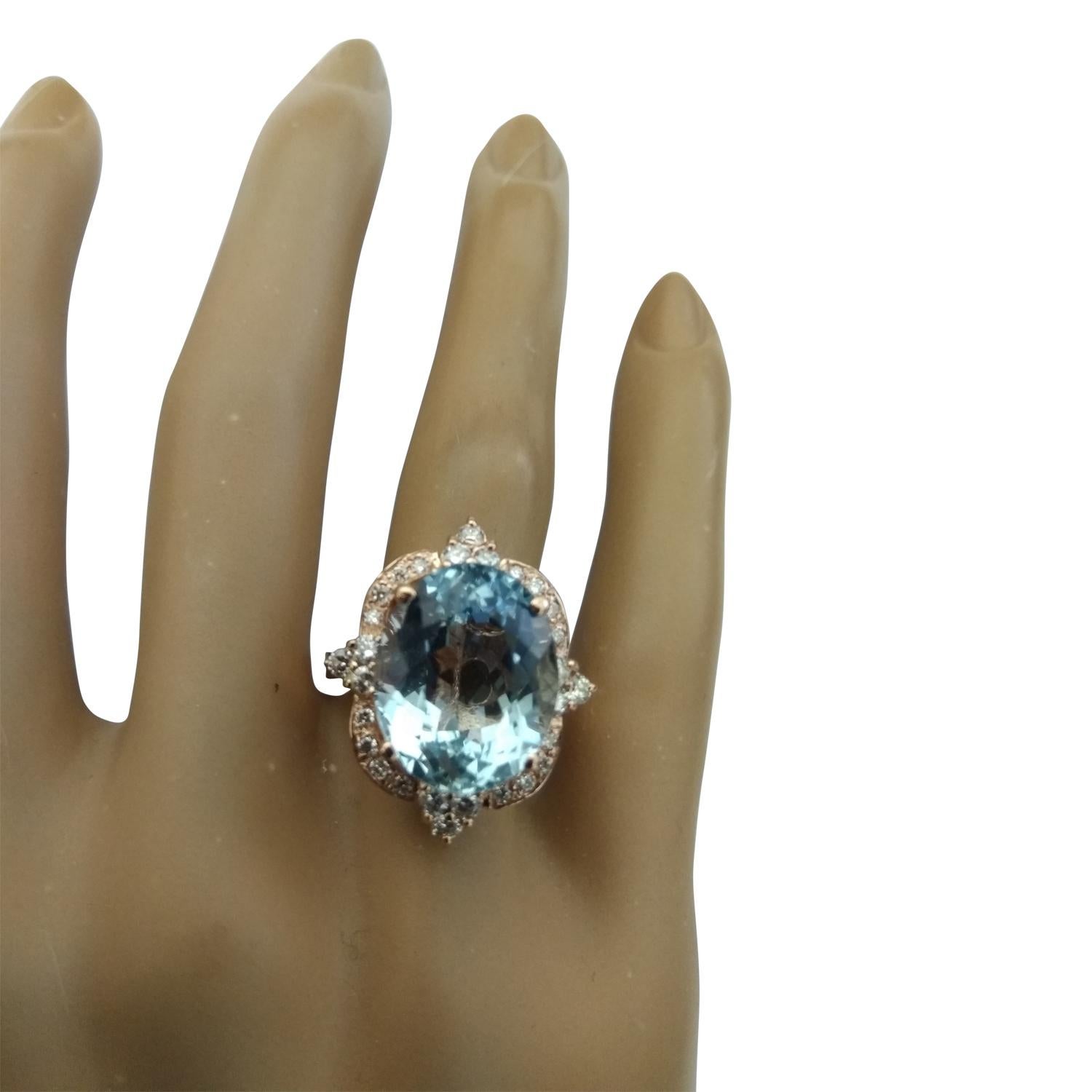 Oval Cut Natural Aquamarine Diamond Ring In 14 Karat Rose Gold  For Sale