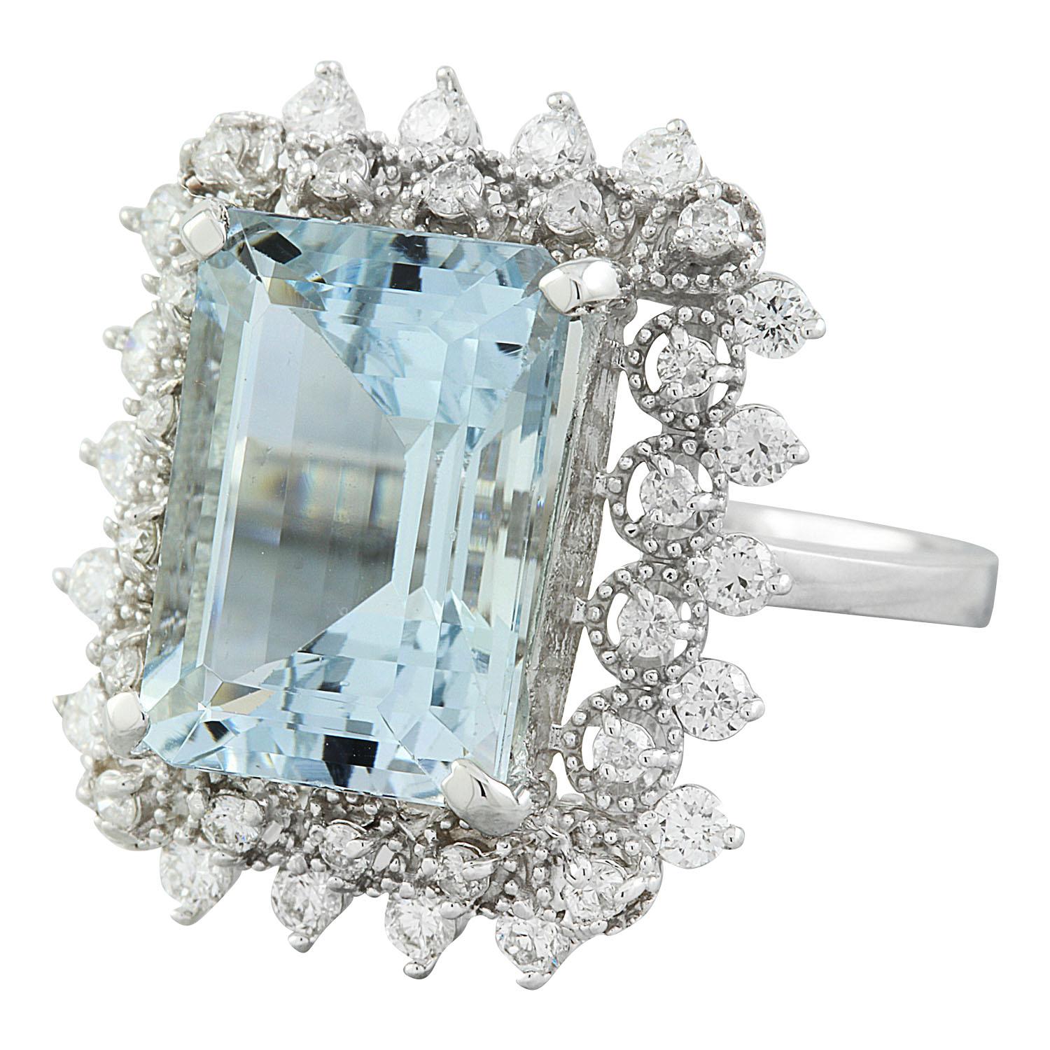 7.67 Carat Natural Aquamarine 14 Karat Solid White Gold Diamond Ring
Stamped: 14K 
Total Ring Weight: 5.5 Grams 
Aquamarine Weight 6.87 Carat (14.00x10.00 Millimeters)
Diamond Weight: 0.80 carat (F-G Color, VS2-SI1 Clarity )
Quantity: 36
Face