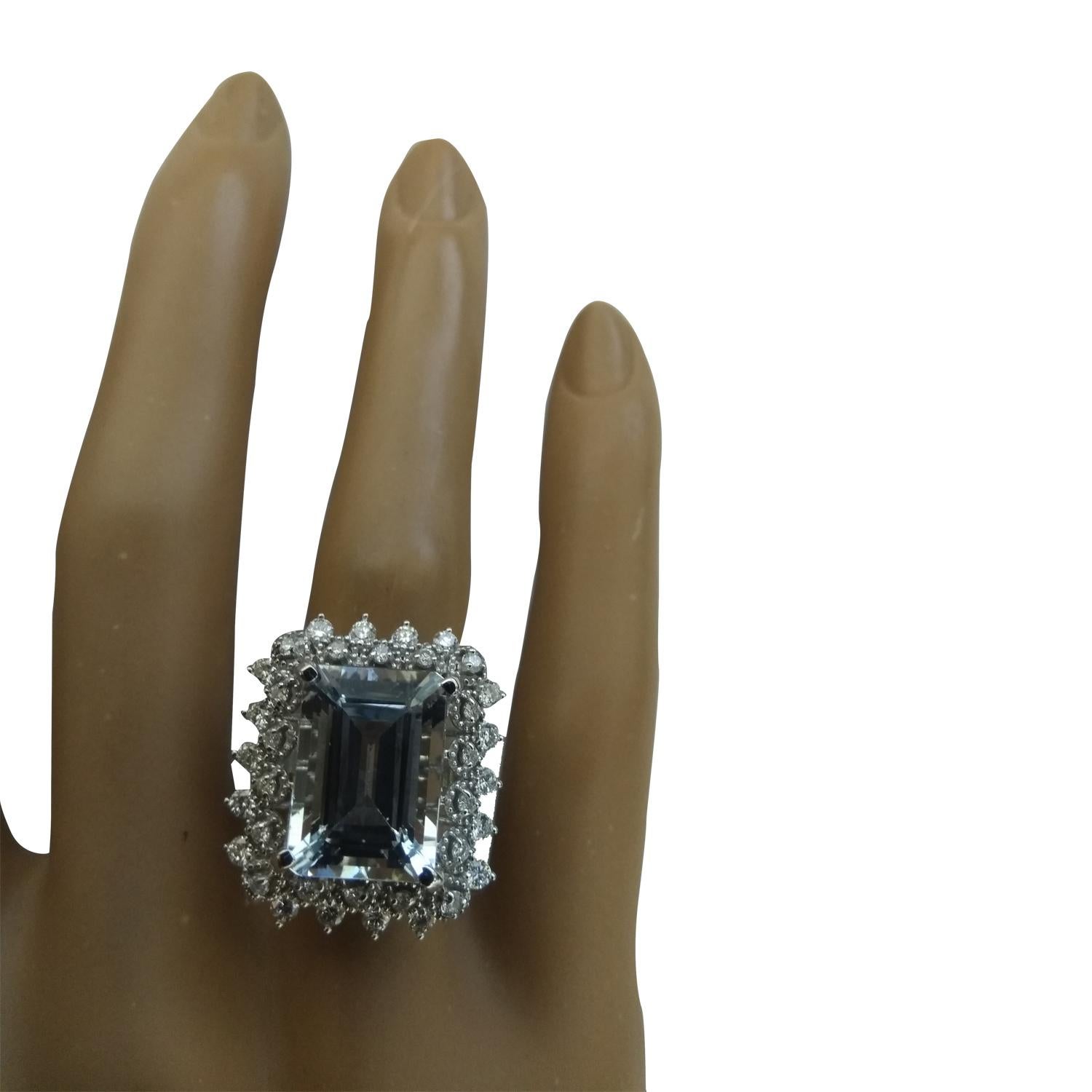 Emerald Cut Natural Aquamarine Diamond Ring in 14 Karat Solid White Gold  For Sale
