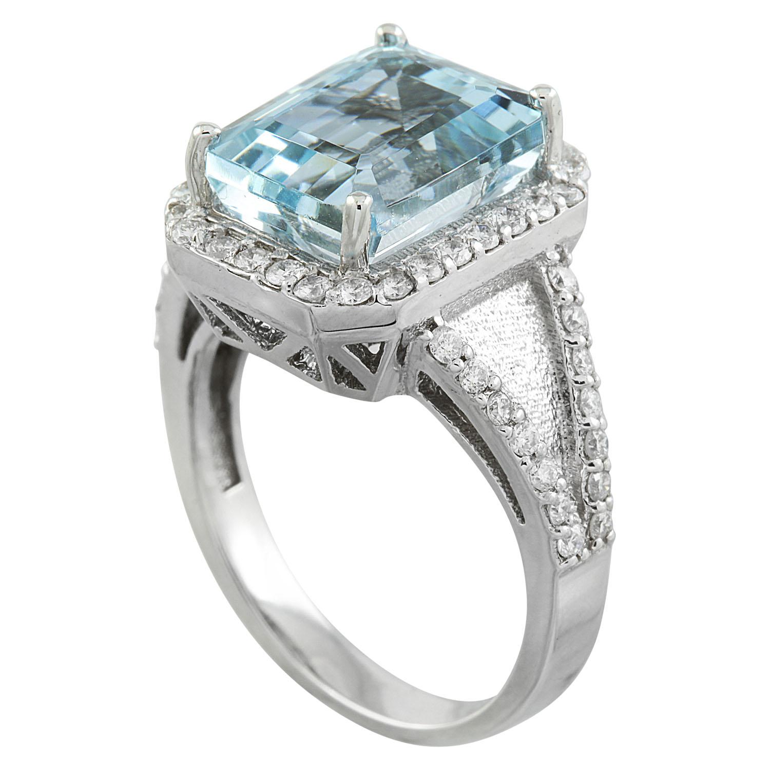 Emerald Cut Natural Aquamarine Diamond Ring in 14 Karat Solid White Gold  For Sale
