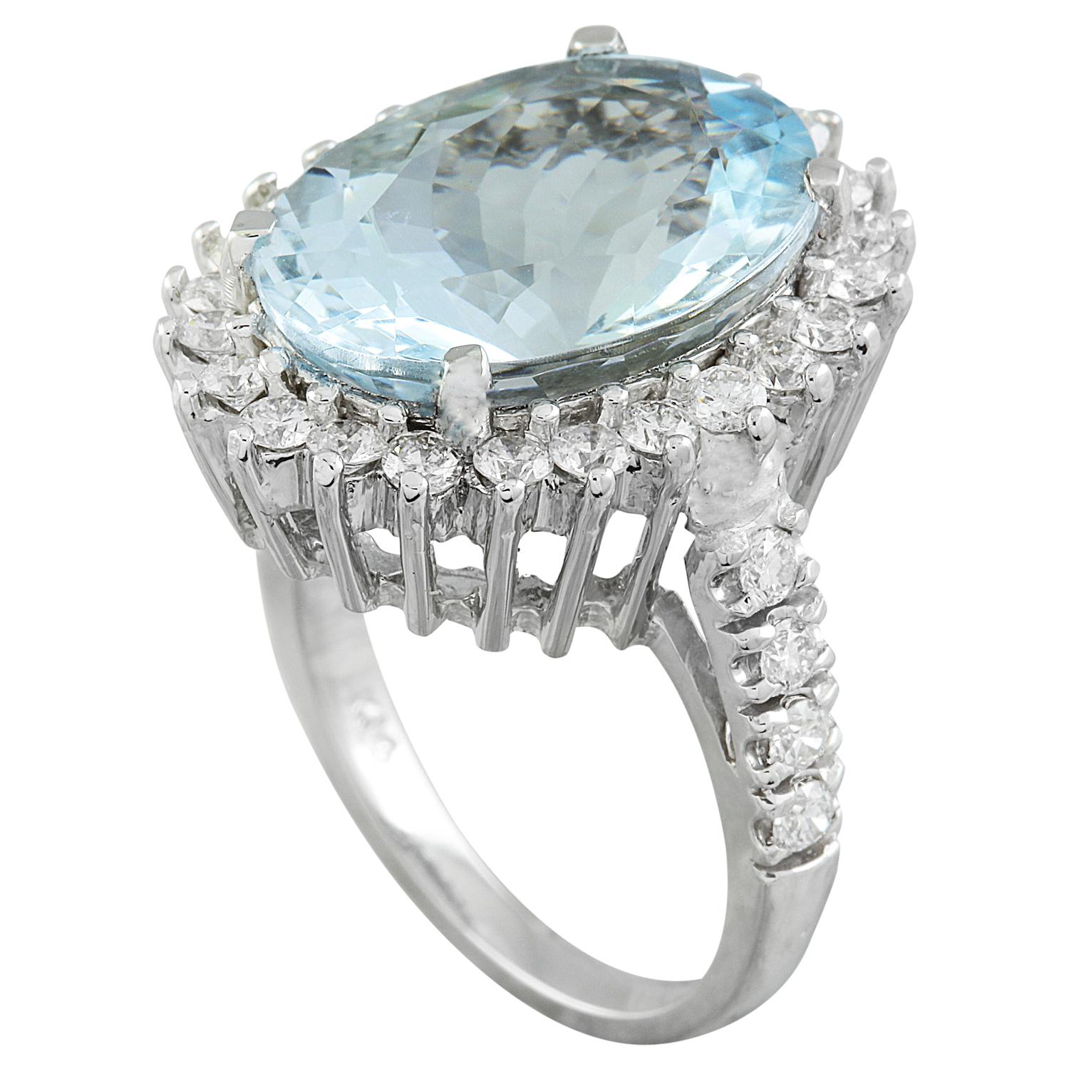 Oval Cut Natural Aquamarine Diamond Ring in 14 Karat Solid White Gold  For Sale