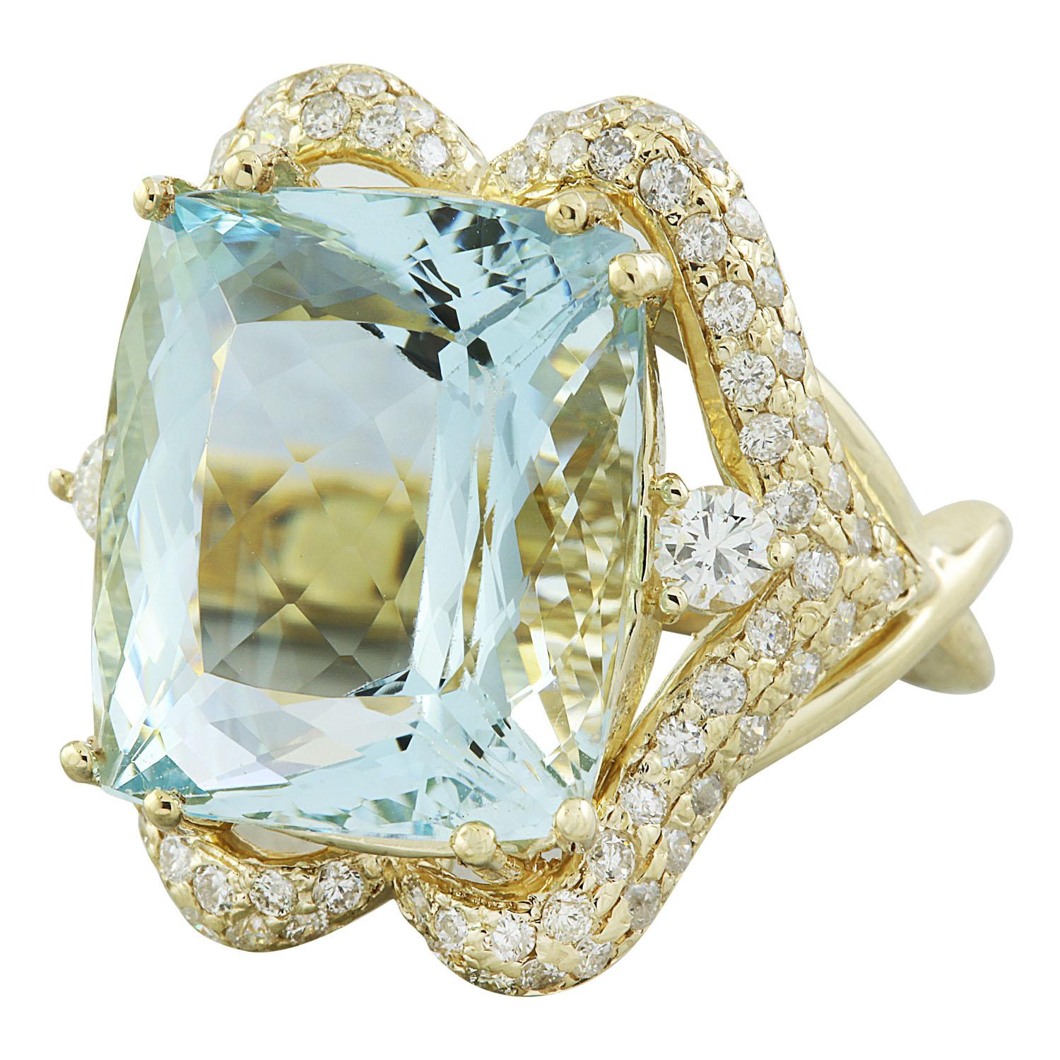 16.40 Carat Natural Aquamarine 14 Karat Solid Yellow Gold Diamond Ring
Stamped: 14K
Total Ring Weight: 11.1 Grams 
Aquamarine Weight 15.30 Carat (16.00x14.00 Millimeters)
Diamond Weight: 1.10 carat (F-G Color, VS2-SI1 Clarity )
Face Measures: