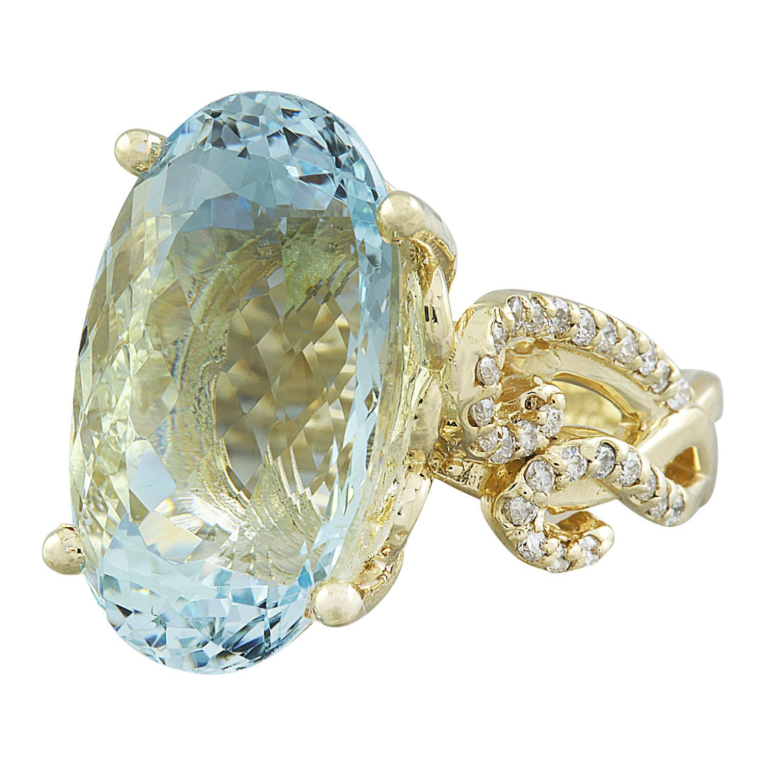14.25 Carat Natural Aquamarine 14 Karat Solid Yellow Gold Diamond Ring
Stamped: 14K
Total Ring Weight: 10.8 Grams
Aquamarine Weight 13.75 Carat (18.00x12.00 Millimeters)
Diamond Weight: 0.50 carat (F-G Color, VS2-SI1 Clarity )
Face Measures: