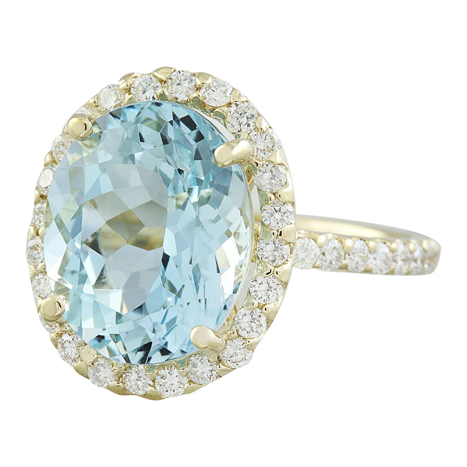 7.07 Carat Natural Aquamarine 14 Karat Solid Yellow Gold Diamond Ring
Stamped: 14K 
Total Ring Weight: 3.8 Grams 
Aquamarine Weight 6.17 Carat (13.00x11.00 Millimeters)
Diamond Weight: 0.90 carat (F-G Color, VS2-SI1 Clarity )
Face Measures: