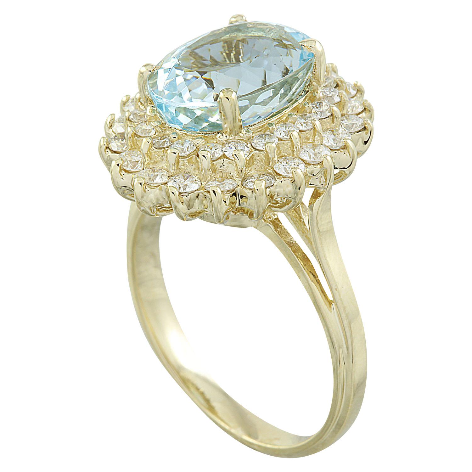Oval Cut Natural Aquamarine Diamond Ring in 14 Karat Solid Yellow Gold For Sale