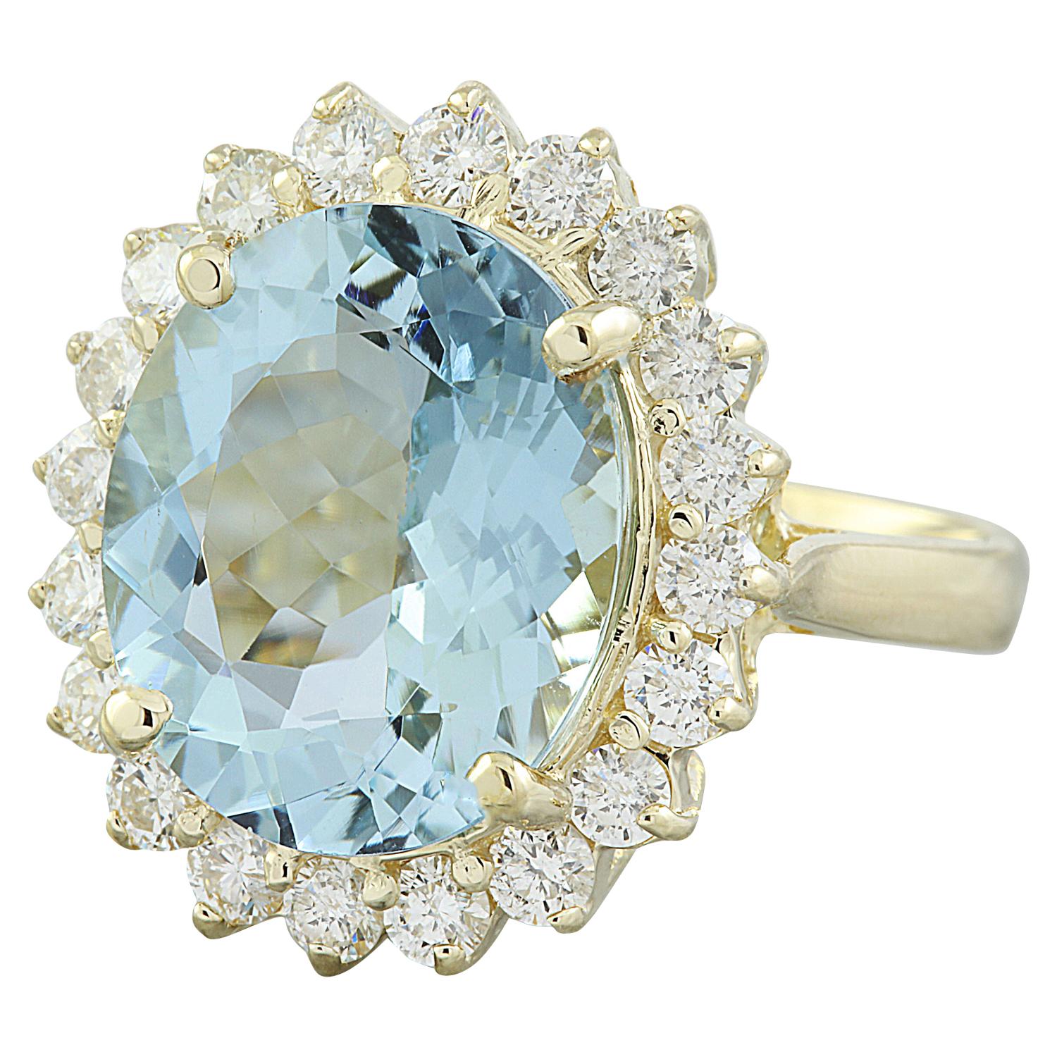 Women's Natural Aquamarine Diamond Ring in 14 Karat Solid Yellow Gold  For Sale