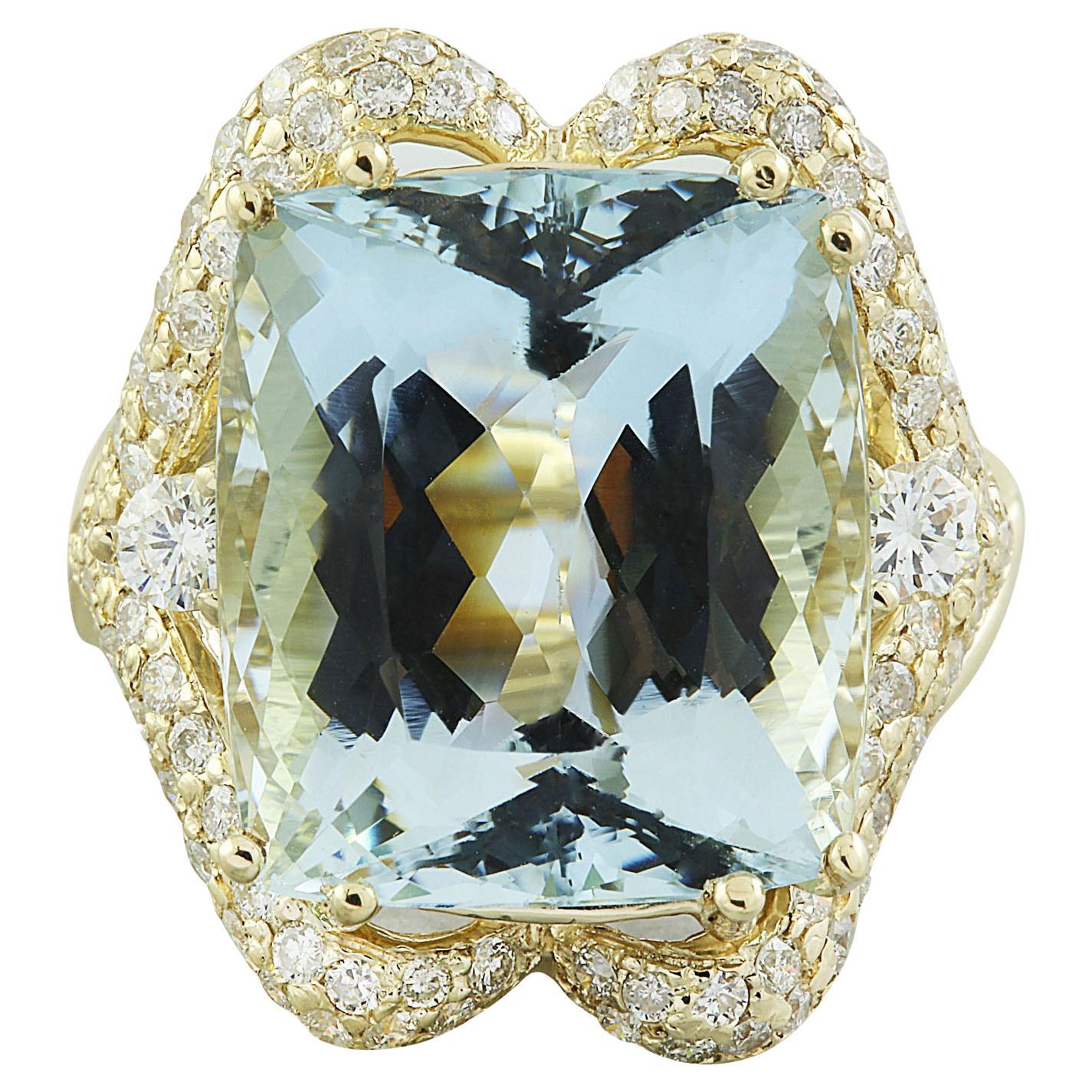 Natural Aquamarine Diamond Ring in 14 Karat Solid Yellow Gold 