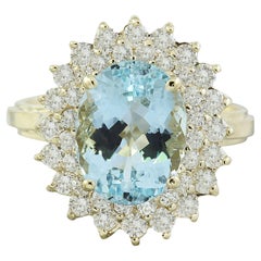 Natürlicher Aquamarin-Diamantring aus 14 Karat massivem Gelbgold