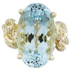 Natural Aquamarine Diamond Ring in 14 Karat Solid Yellow Gold 