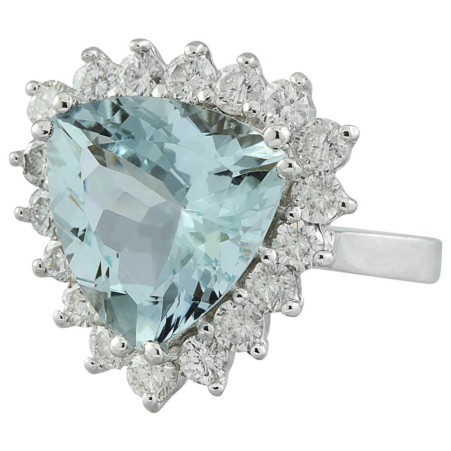 7.12 Carat Natural Aquamarine 14 Karat Solid White Gold Diamond Ring
Stamped: 14K 
Total Ring Weight: 5.5 Grams 
Aquamarine Weight 6.07 Carat (12.00x12.00 Millimeters)
Diamond Weight: 1.05 carat (F-G Color, VS2-SI1 Clarity)
Quantity: 18 
Face