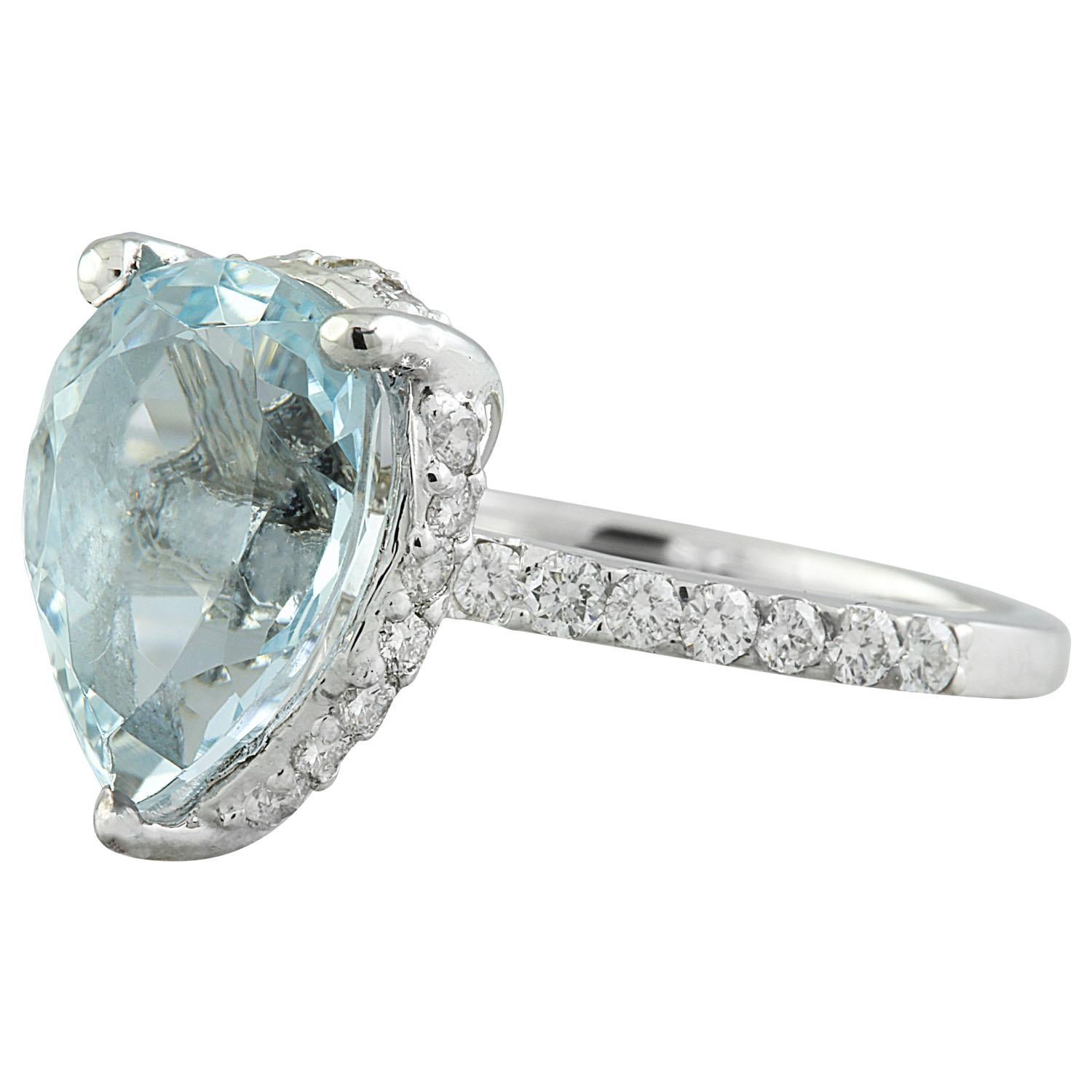 4.30 Carat Natural Aquamarine 14 Karat Solid White Gold Diamond Ring
Stamped: 14K 
Total Ring Weight: 4.2 Grams 
Aquamarine Weight 3.70 Carat (13.00x9.00 Millimeters)
Diamond Weight: 0.60 carat (F-G Color, VS2-SI1 Clarity )
Quantity: 31
Face