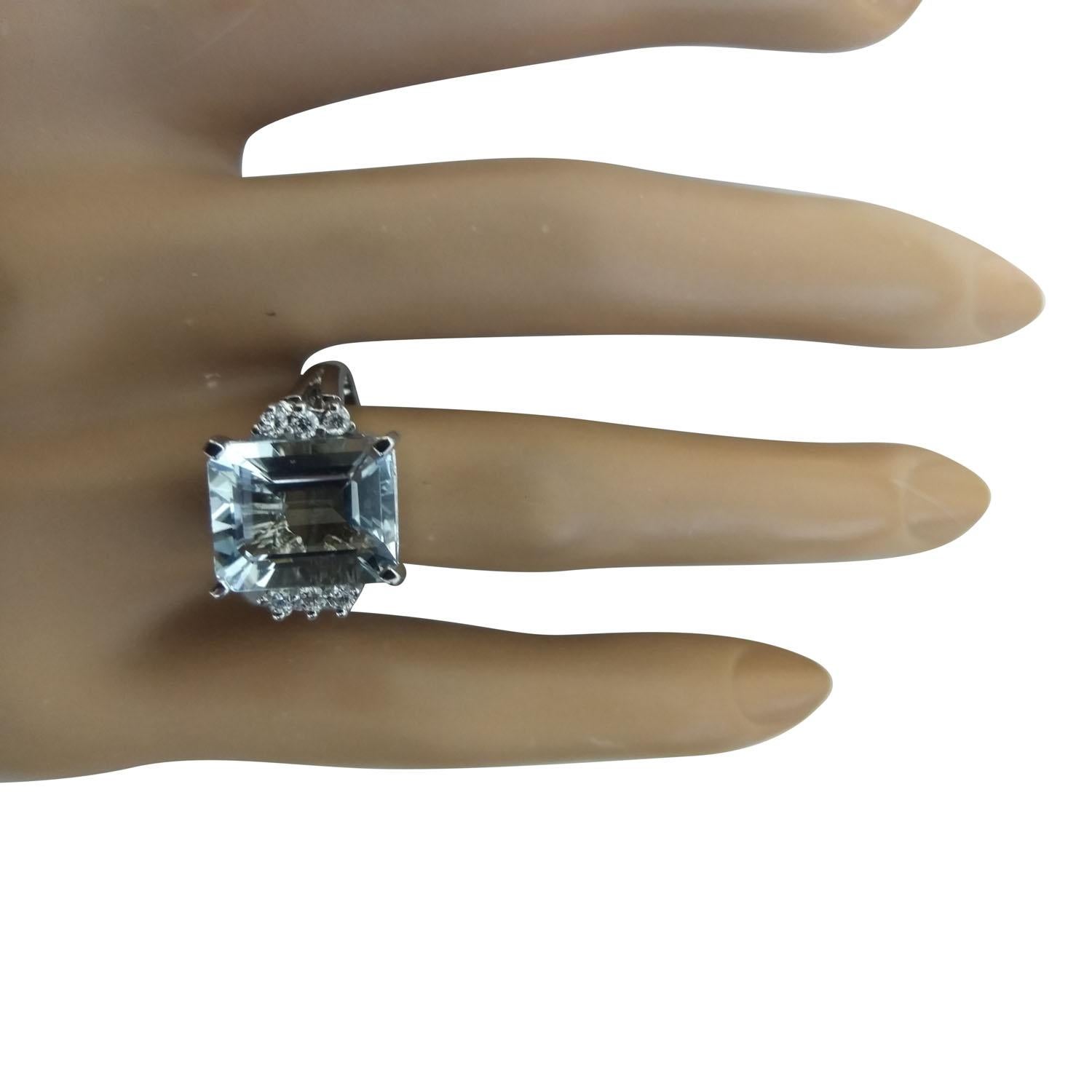 5.85 Carat Natural Aquamarine 14 Karat Solid White Gold Diamond Ring
Stamped: 14K 
Total Ring Weight: 4.8 Grams 
Aquamarine Weight 5.67 Carat (12.00x10.00 Millimeters)
Diamond Weight: 0.18 carat (F-G Color, VS2-SI1 Clarity)
Quantity: 6
Face