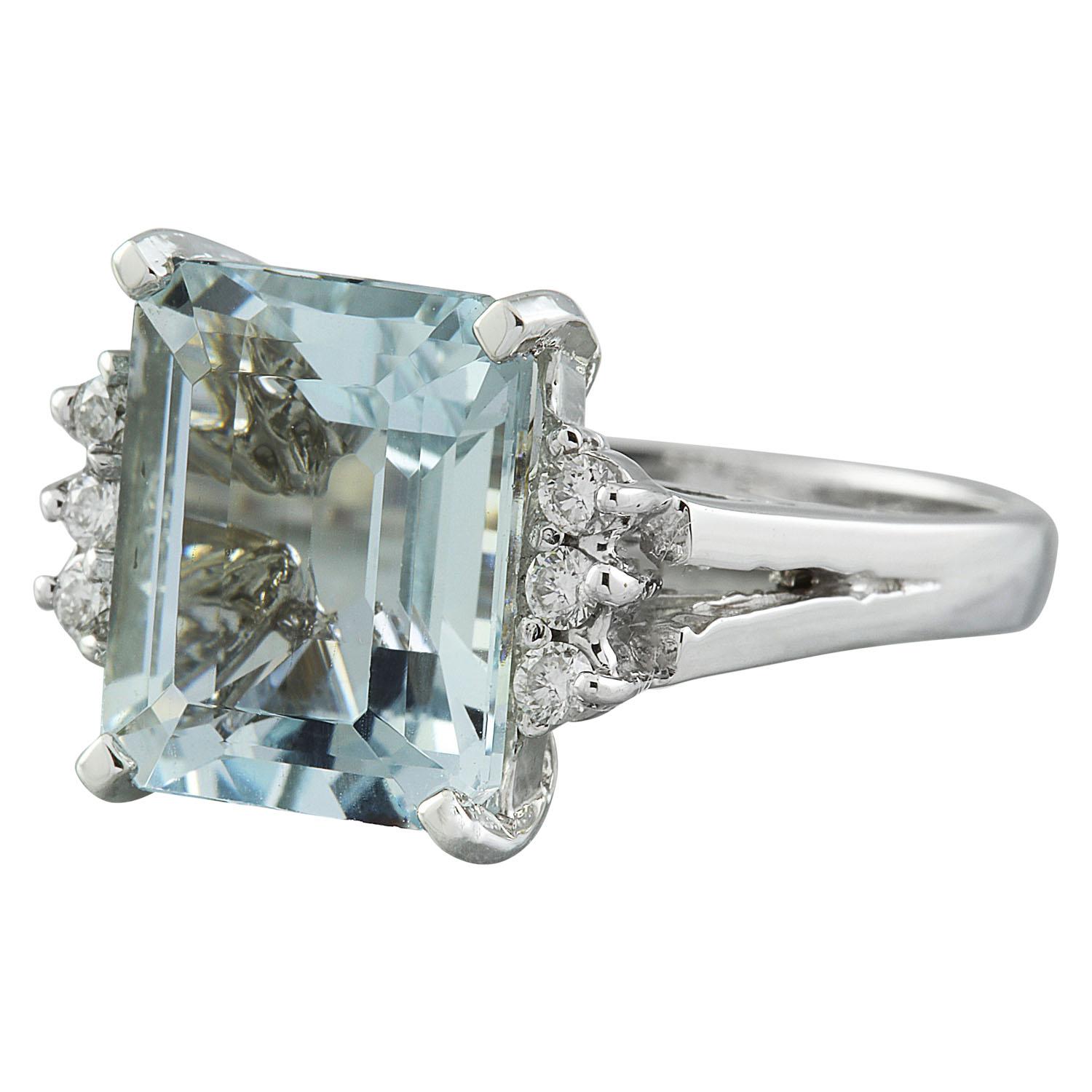 5.85 Carat Natural Aquamarine 14 Karat Solid White Gold Diamond Ring
Stamped: 14K 
Total Ring Weight: 4.8 Grams 
Aquamarine Weight 5.67 Carat (12.00x10.00 Millimeters)
Diamond Weight: 0.18 carat (F-G Color, VS2-SI1 Clarity)
Quantity: 6
Face