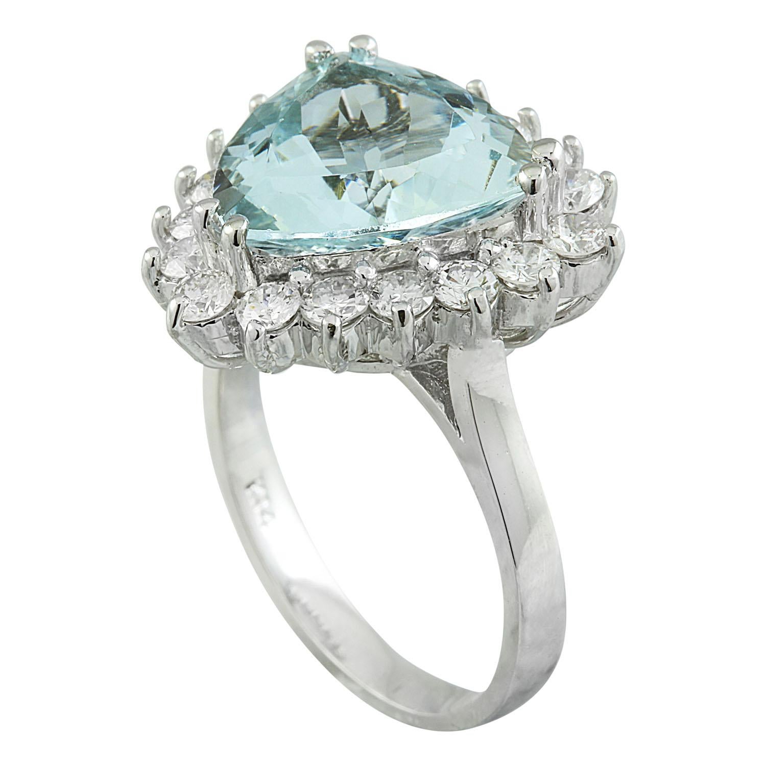 Trillion Cut Natural Aquamarine Diamond Ring In 14 Karat White Gold For Sale