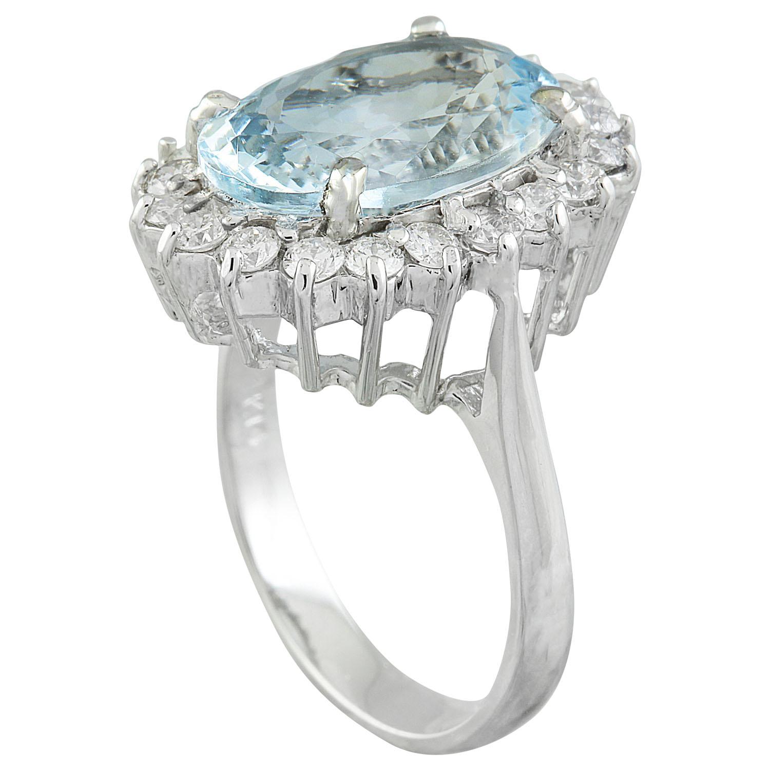 Oval Cut Natural Aquamarine Diamond Ring In 14 Karat White Gold  For Sale